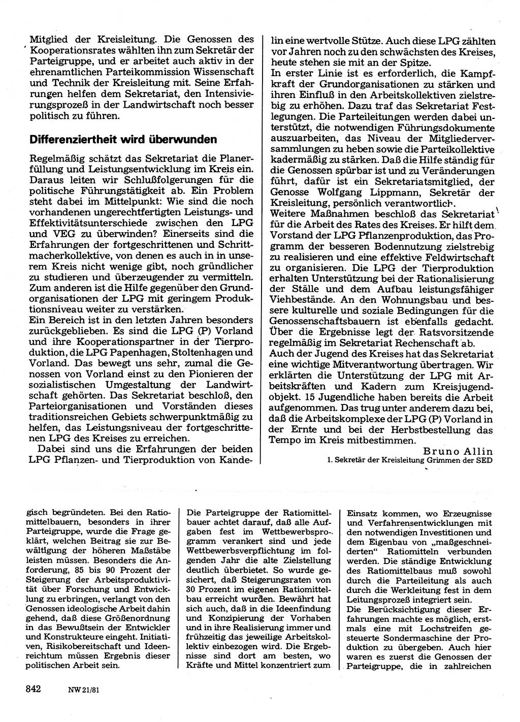 Neuer Weg (NW), Organ des Zentralkomitees (ZK) der SED (Sozialistische Einheitspartei Deutschlands) für Fragen des Parteilebens, 36. Jahrgang [Deutsche Demokratische Republik (DDR)] 1981, Seite 842 (NW ZK SED DDR 1981, S. 842)