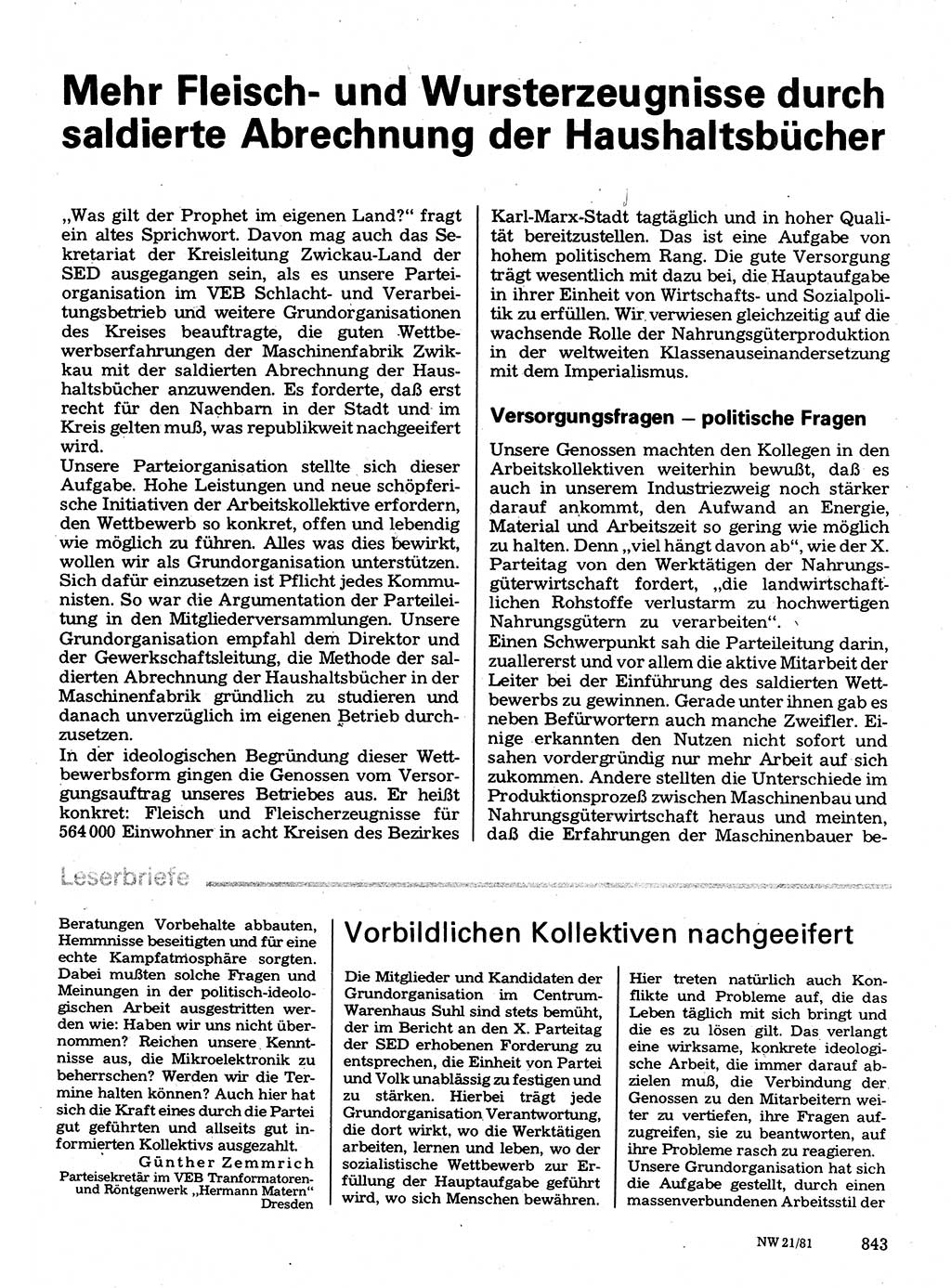 Neuer Weg (NW), Organ des Zentralkomitees (ZK) der SED (Sozialistische Einheitspartei Deutschlands) für Fragen des Parteilebens, 36. Jahrgang [Deutsche Demokratische Republik (DDR)] 1981, Seite 843 (NW ZK SED DDR 1981, S. 843)