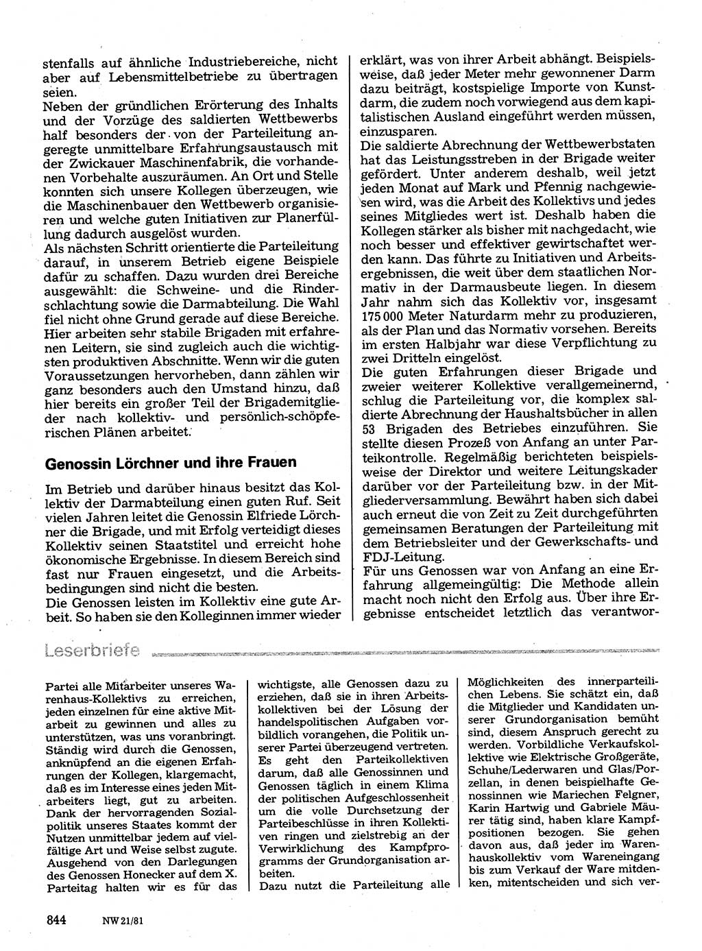 Neuer Weg (NW), Organ des Zentralkomitees (ZK) der SED (Sozialistische Einheitspartei Deutschlands) für Fragen des Parteilebens, 36. Jahrgang [Deutsche Demokratische Republik (DDR)] 1981, Seite 844 (NW ZK SED DDR 1981, S. 844)
