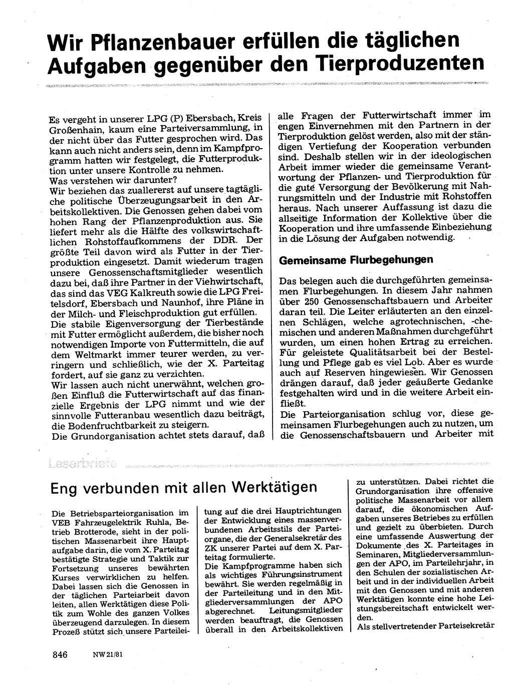 Neuer Weg (NW), Organ des Zentralkomitees (ZK) der SED (Sozialistische Einheitspartei Deutschlands) für Fragen des Parteilebens, 36. Jahrgang [Deutsche Demokratische Republik (DDR)] 1981, Seite 846 (NW ZK SED DDR 1981, S. 846)