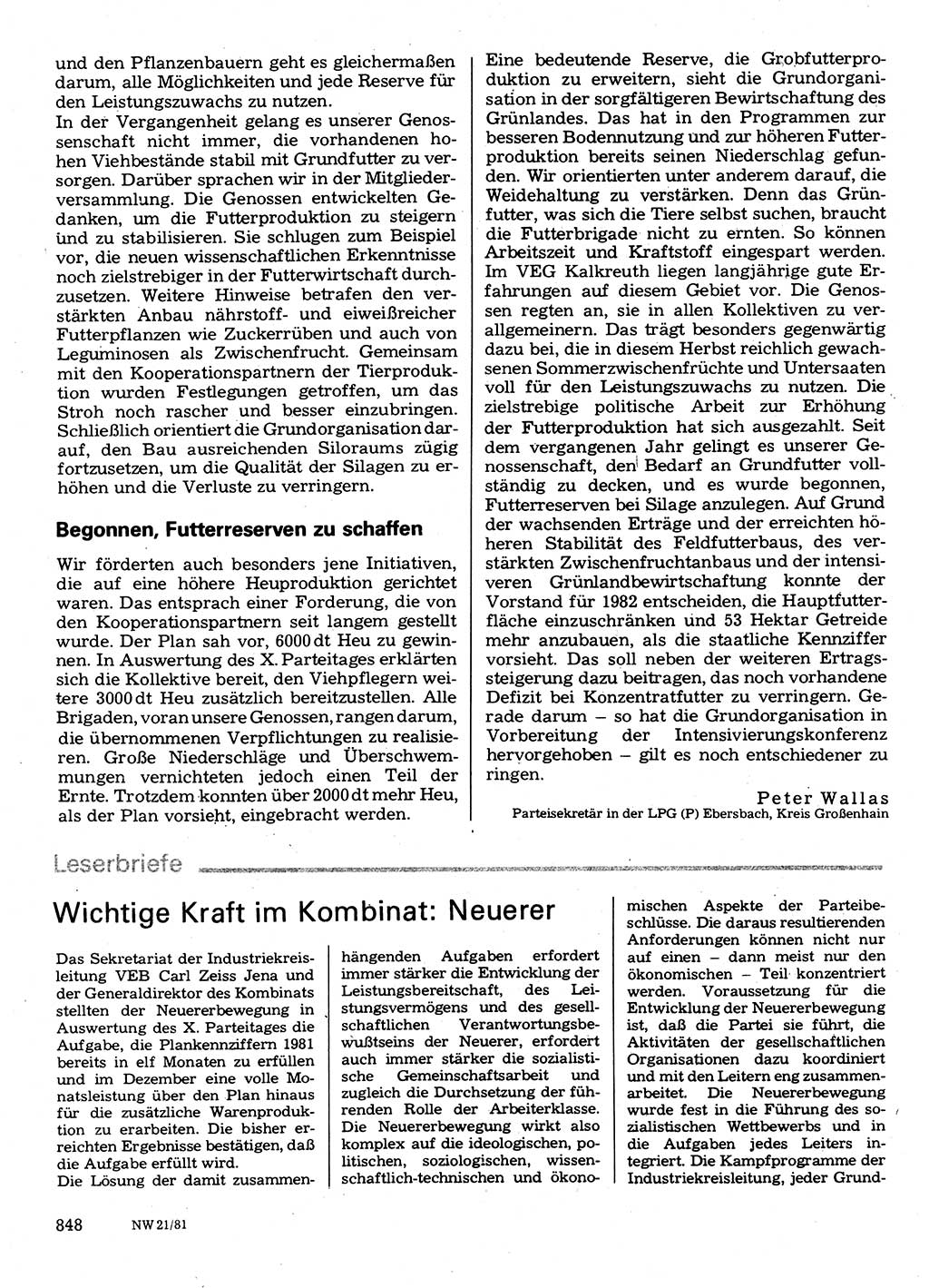 Neuer Weg (NW), Organ des Zentralkomitees (ZK) der SED (Sozialistische Einheitspartei Deutschlands) für Fragen des Parteilebens, 36. Jahrgang [Deutsche Demokratische Republik (DDR)] 1981, Seite 848 (NW ZK SED DDR 1981, S. 848)