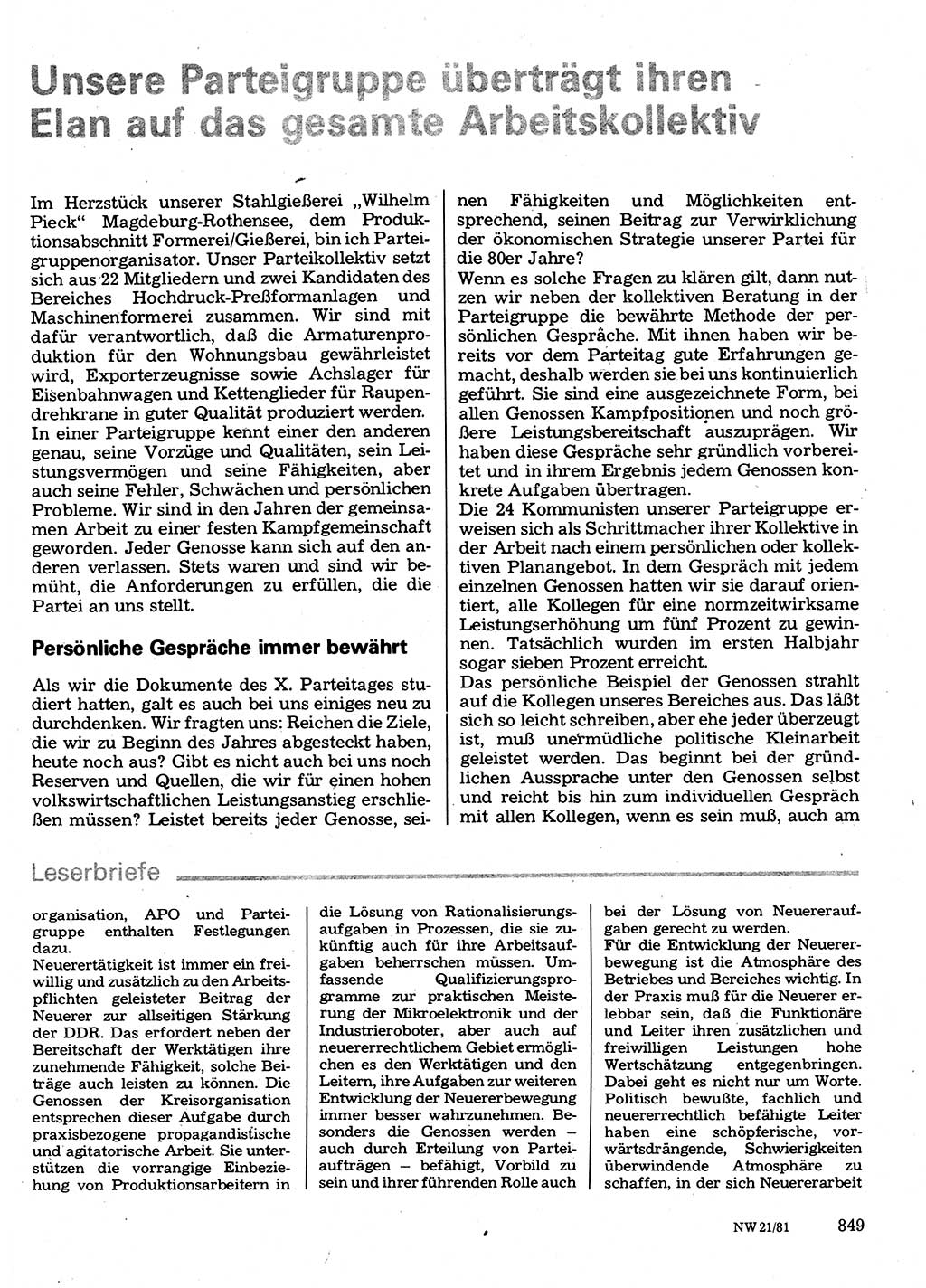 Neuer Weg (NW), Organ des Zentralkomitees (ZK) der SED (Sozialistische Einheitspartei Deutschlands) für Fragen des Parteilebens, 36. Jahrgang [Deutsche Demokratische Republik (DDR)] 1981, Seite 849 (NW ZK SED DDR 1981, S. 849)