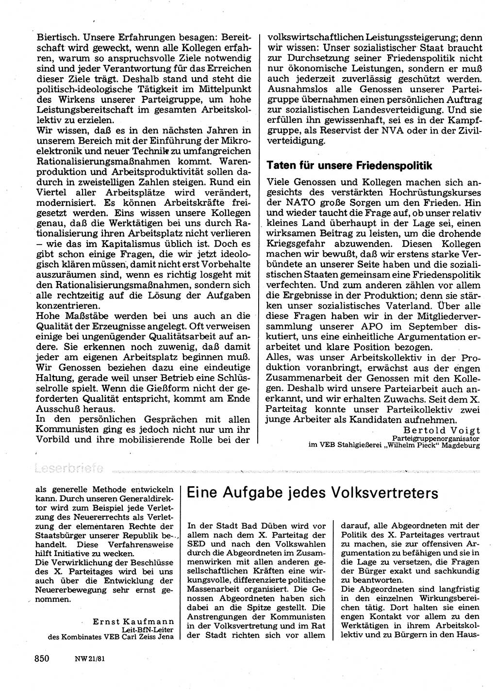 Neuer Weg (NW), Organ des Zentralkomitees (ZK) der SED (Sozialistische Einheitspartei Deutschlands) für Fragen des Parteilebens, 36. Jahrgang [Deutsche Demokratische Republik (DDR)] 1981, Seite 850 (NW ZK SED DDR 1981, S. 850)
