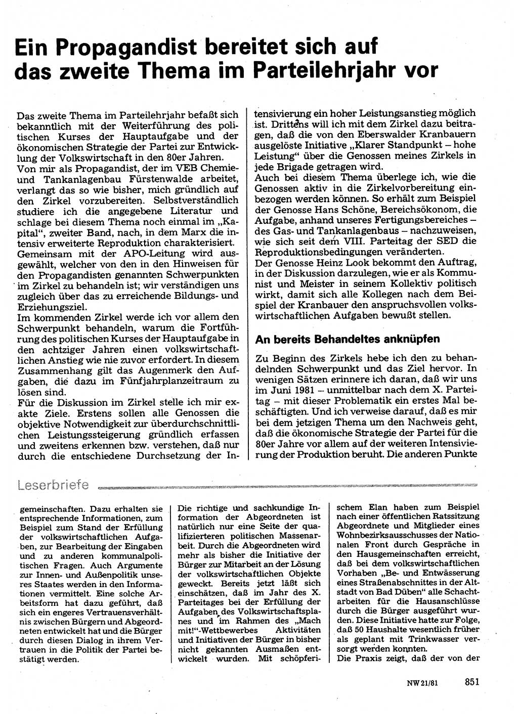 Neuer Weg (NW), Organ des Zentralkomitees (ZK) der SED (Sozialistische Einheitspartei Deutschlands) für Fragen des Parteilebens, 36. Jahrgang [Deutsche Demokratische Republik (DDR)] 1981, Seite 851 (NW ZK SED DDR 1981, S. 851)