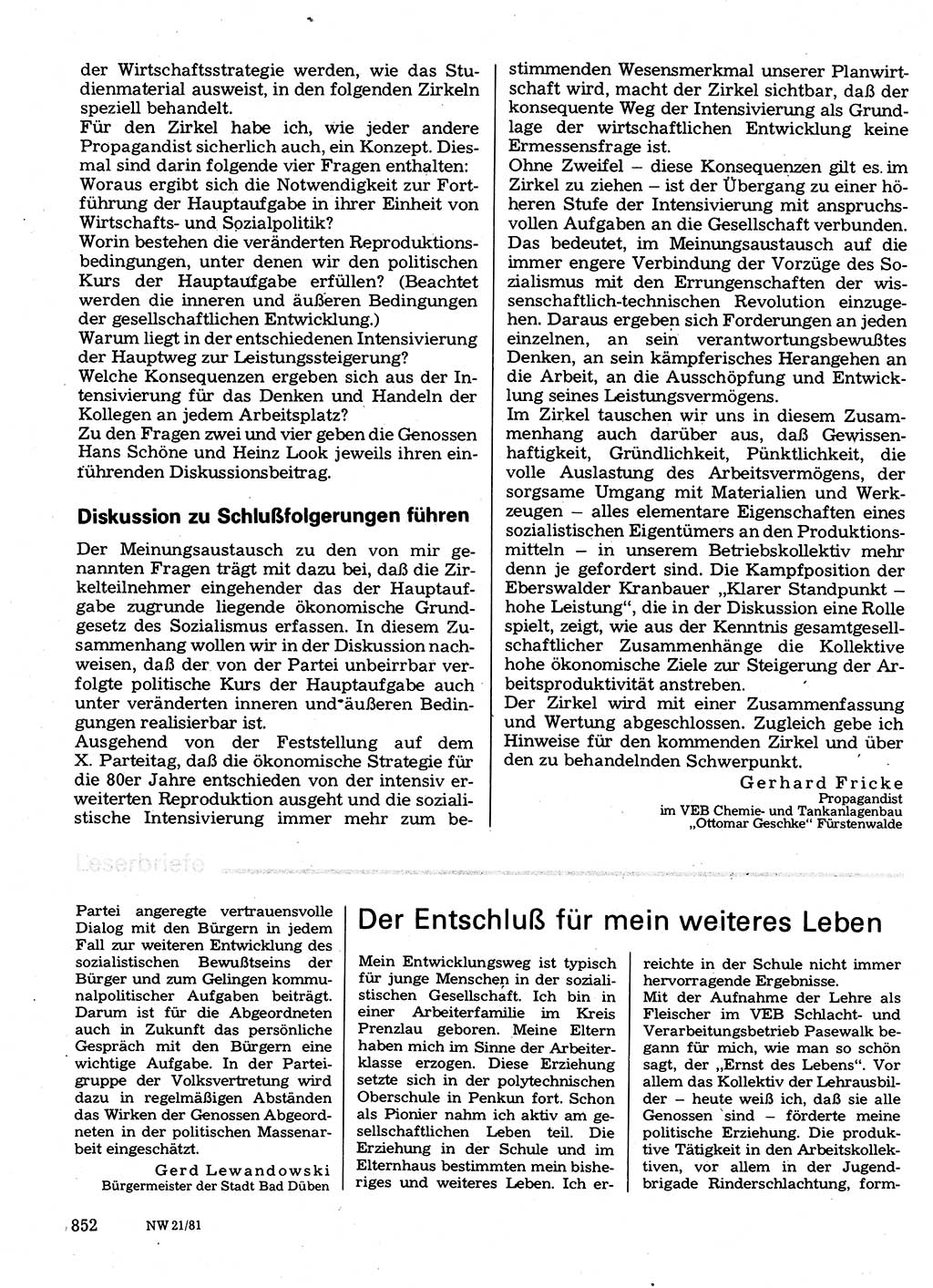 Neuer Weg (NW), Organ des Zentralkomitees (ZK) der SED (Sozialistische Einheitspartei Deutschlands) für Fragen des Parteilebens, 36. Jahrgang [Deutsche Demokratische Republik (DDR)] 1981, Seite 852 (NW ZK SED DDR 1981, S. 852)