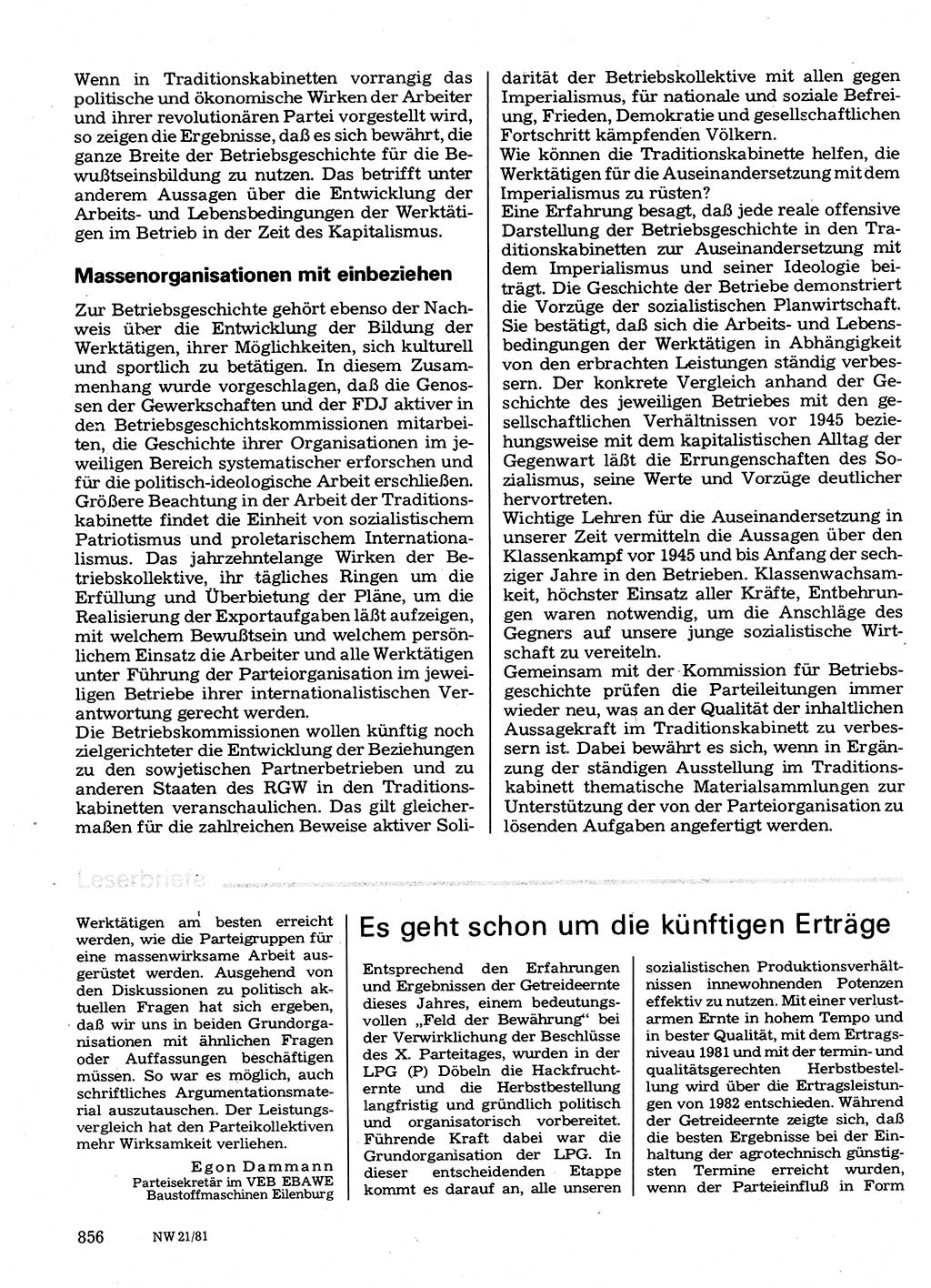 Neuer Weg (NW), Organ des Zentralkomitees (ZK) der SED (Sozialistische Einheitspartei Deutschlands) für Fragen des Parteilebens, 36. Jahrgang [Deutsche Demokratische Republik (DDR)] 1981, Seite 856 (NW ZK SED DDR 1981, S. 856)
