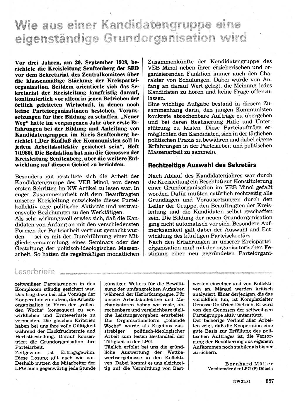 Neuer Weg (NW), Organ des Zentralkomitees (ZK) der SED (Sozialistische Einheitspartei Deutschlands) für Fragen des Parteilebens, 36. Jahrgang [Deutsche Demokratische Republik (DDR)] 1981, Seite 857 (NW ZK SED DDR 1981, S. 857)