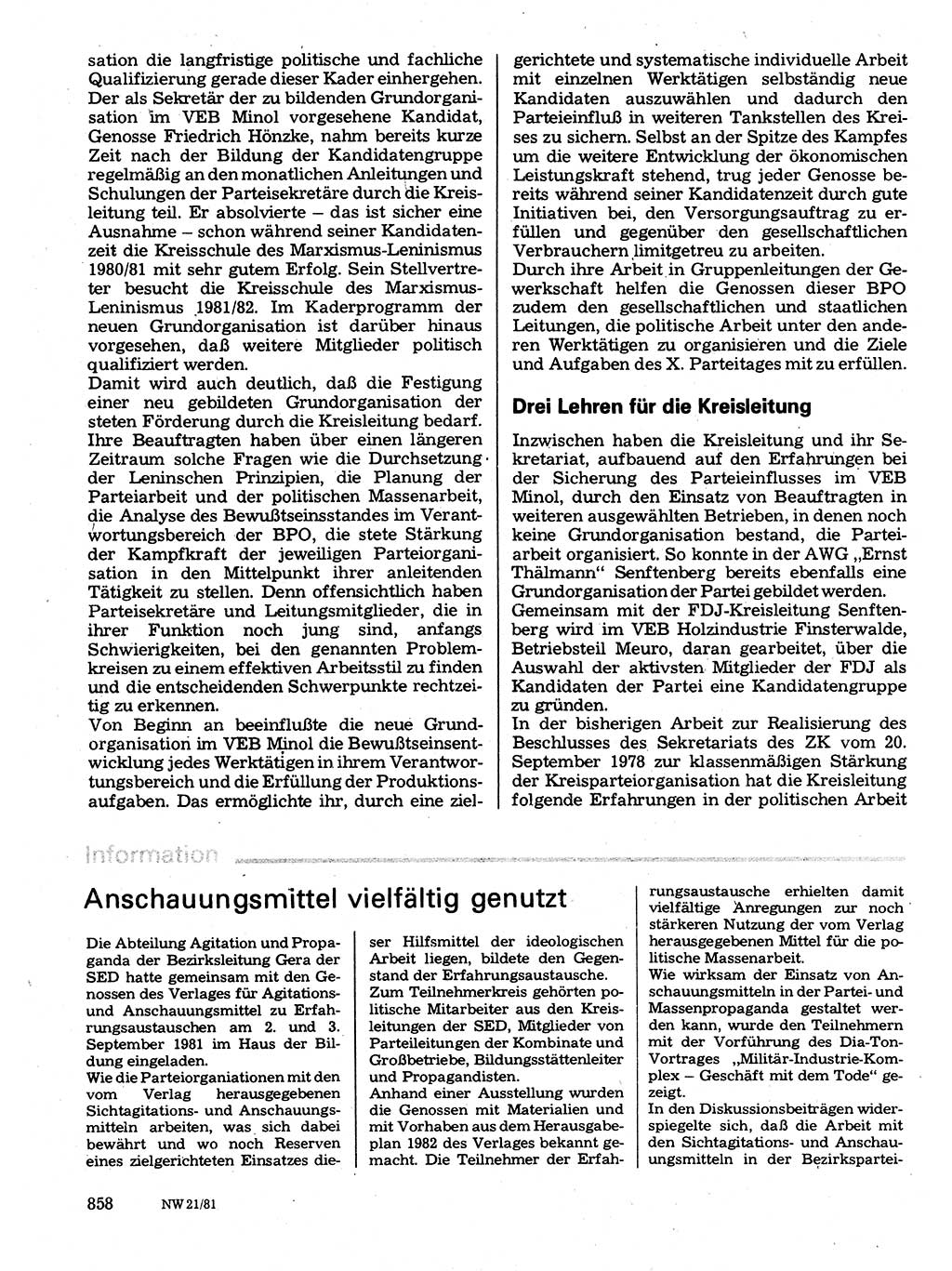 Neuer Weg (NW), Organ des Zentralkomitees (ZK) der SED (Sozialistische Einheitspartei Deutschlands) für Fragen des Parteilebens, 36. Jahrgang [Deutsche Demokratische Republik (DDR)] 1981, Seite 858 (NW ZK SED DDR 1981, S. 858)