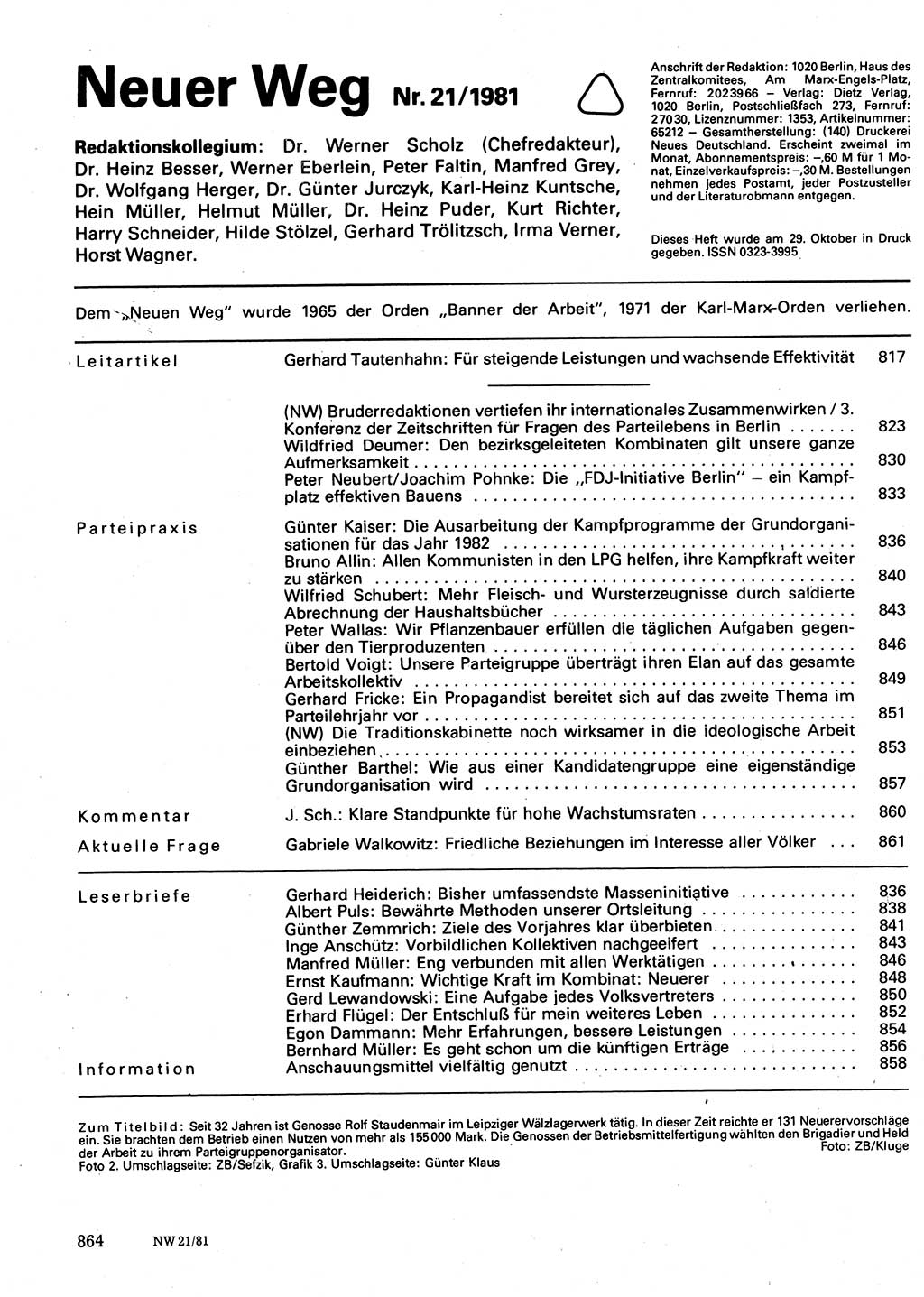 Neuer Weg (NW), Organ des Zentralkomitees (ZK) der SED (Sozialistische Einheitspartei Deutschlands) für Fragen des Parteilebens, 36. Jahrgang [Deutsche Demokratische Republik (DDR)] 1981, Seite 864 (NW ZK SED DDR 1981, S. 864)