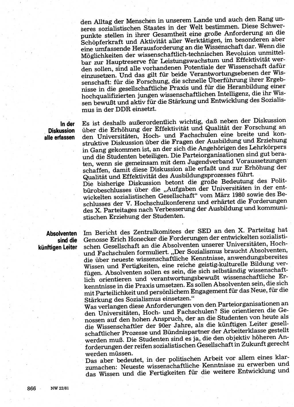 Neuer Weg (NW), Organ des Zentralkomitees (ZK) der SED (Sozialistische Einheitspartei Deutschlands) für Fragen des Parteilebens, 36. Jahrgang [Deutsche Demokratische Republik (DDR)] 1981, Seite 866 (NW ZK SED DDR 1981, S. 866)