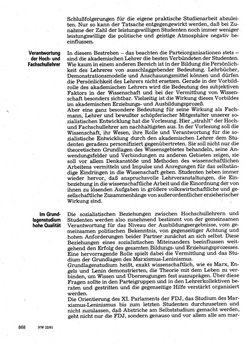 Neuer Weg (NW), Organ des Zentralkomitees (ZK) der SED (Sozialistische Einheitspartei Deutschlands) für Fragen des Parteilebens, 36. Jahrgang [Deutsche Demokratische Republik (DDR)] 1981, Seite 868 (NW ZK SED DDR 1981, S. 868)