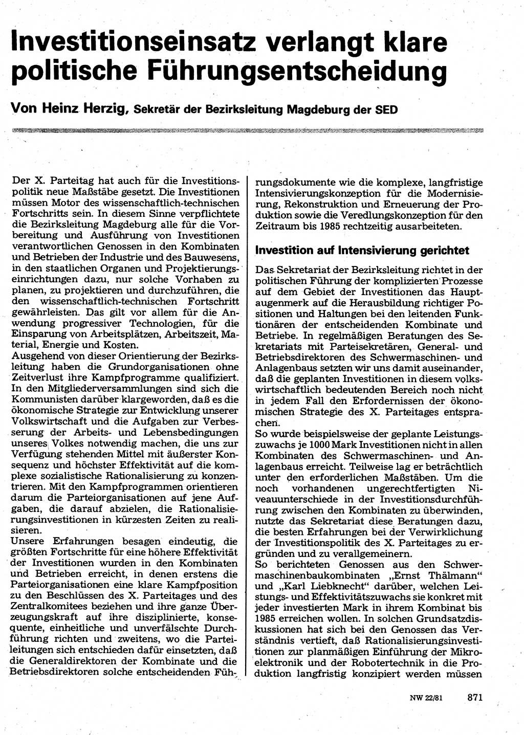 Neuer Weg (NW), Organ des Zentralkomitees (ZK) der SED (Sozialistische Einheitspartei Deutschlands) für Fragen des Parteilebens, 36. Jahrgang [Deutsche Demokratische Republik (DDR)] 1981, Seite 871 (NW ZK SED DDR 1981, S. 871)