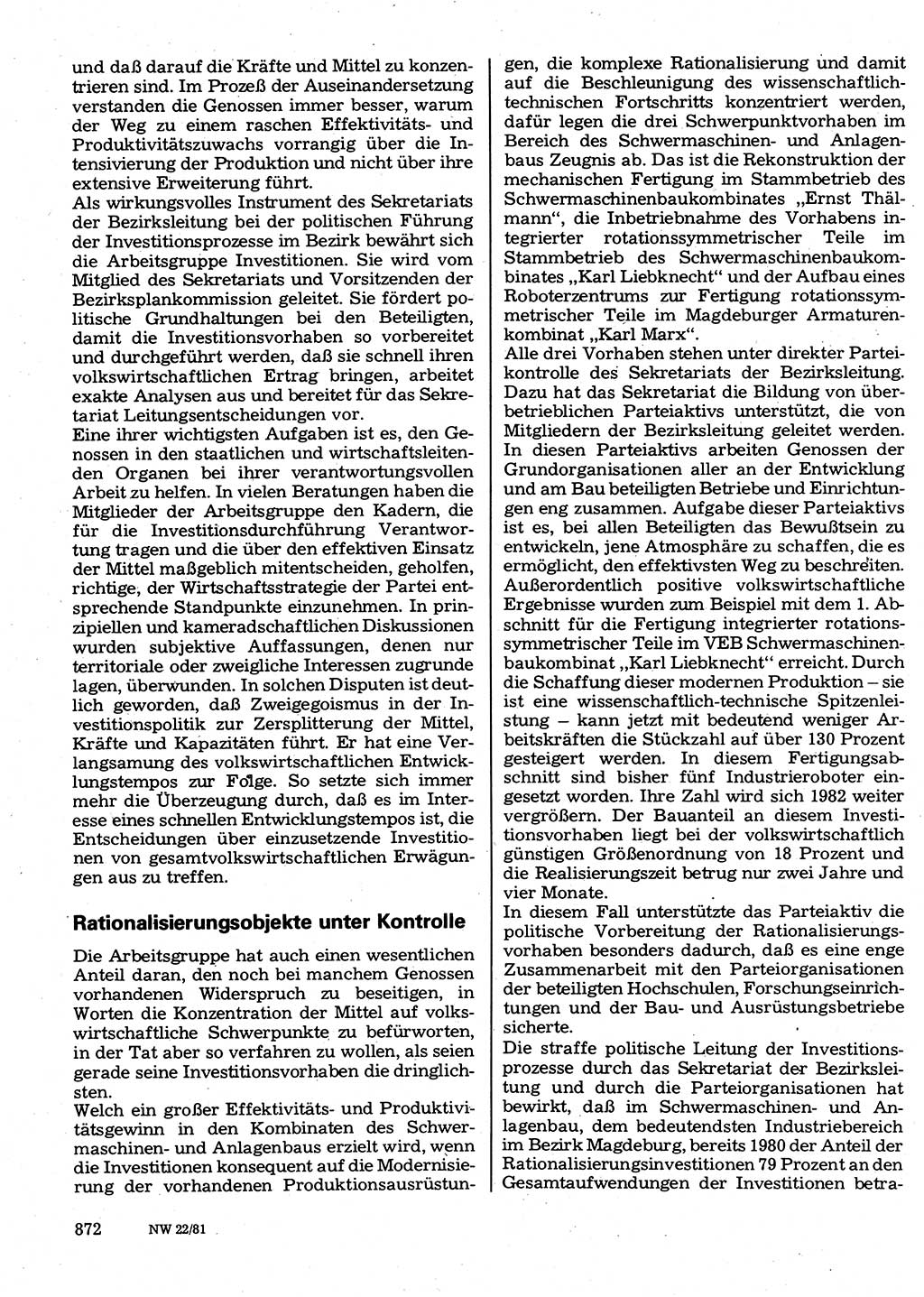Neuer Weg (NW), Organ des Zentralkomitees (ZK) der SED (Sozialistische Einheitspartei Deutschlands) für Fragen des Parteilebens, 36. Jahrgang [Deutsche Demokratische Republik (DDR)] 1981, Seite 872 (NW ZK SED DDR 1981, S. 872)
