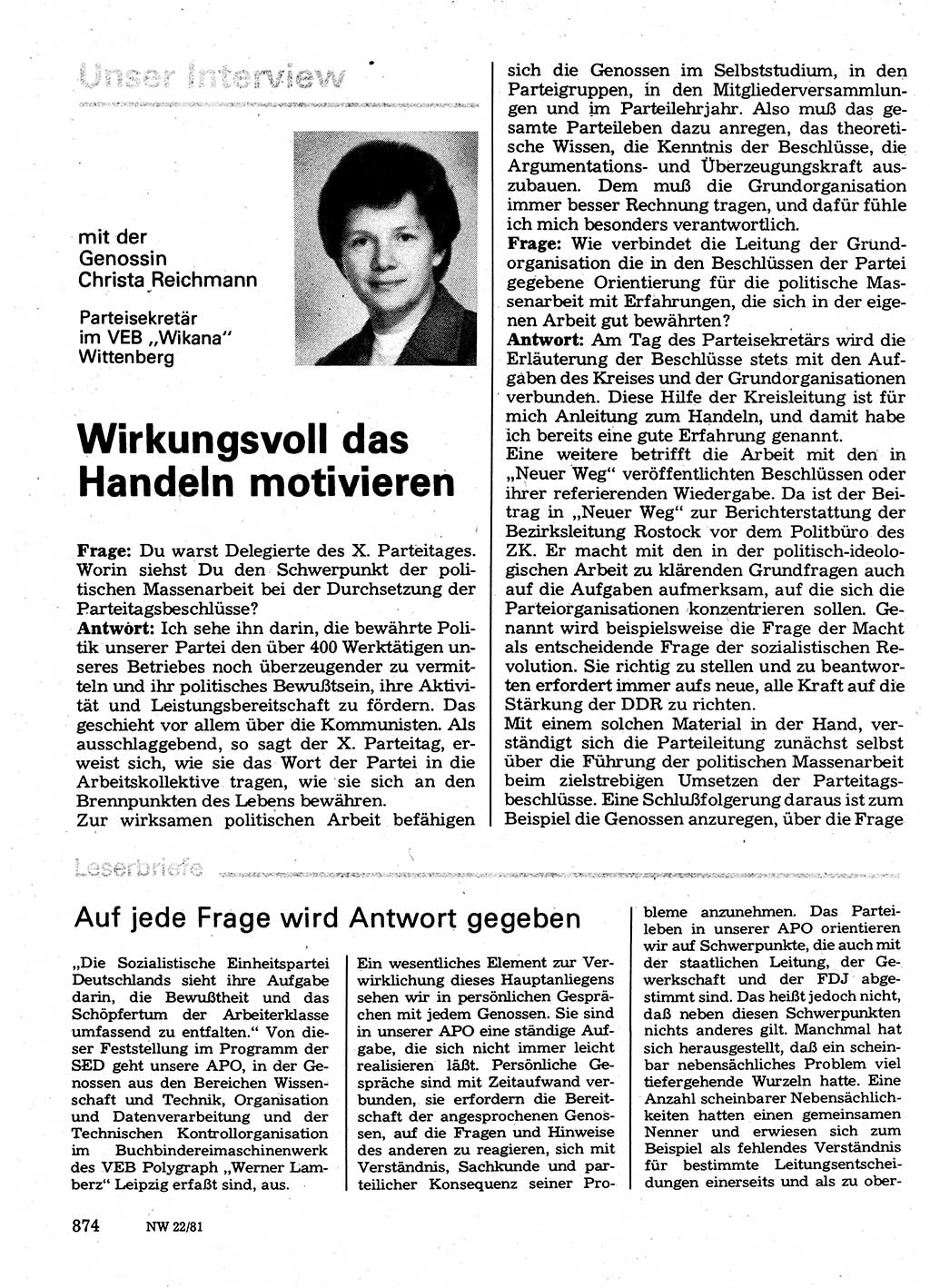 Neuer Weg (NW), Organ des Zentralkomitees (ZK) der SED (Sozialistische Einheitspartei Deutschlands) für Fragen des Parteilebens, 36. Jahrgang [Deutsche Demokratische Republik (DDR)] 1981, Seite 874 (NW ZK SED DDR 1981, S. 874)