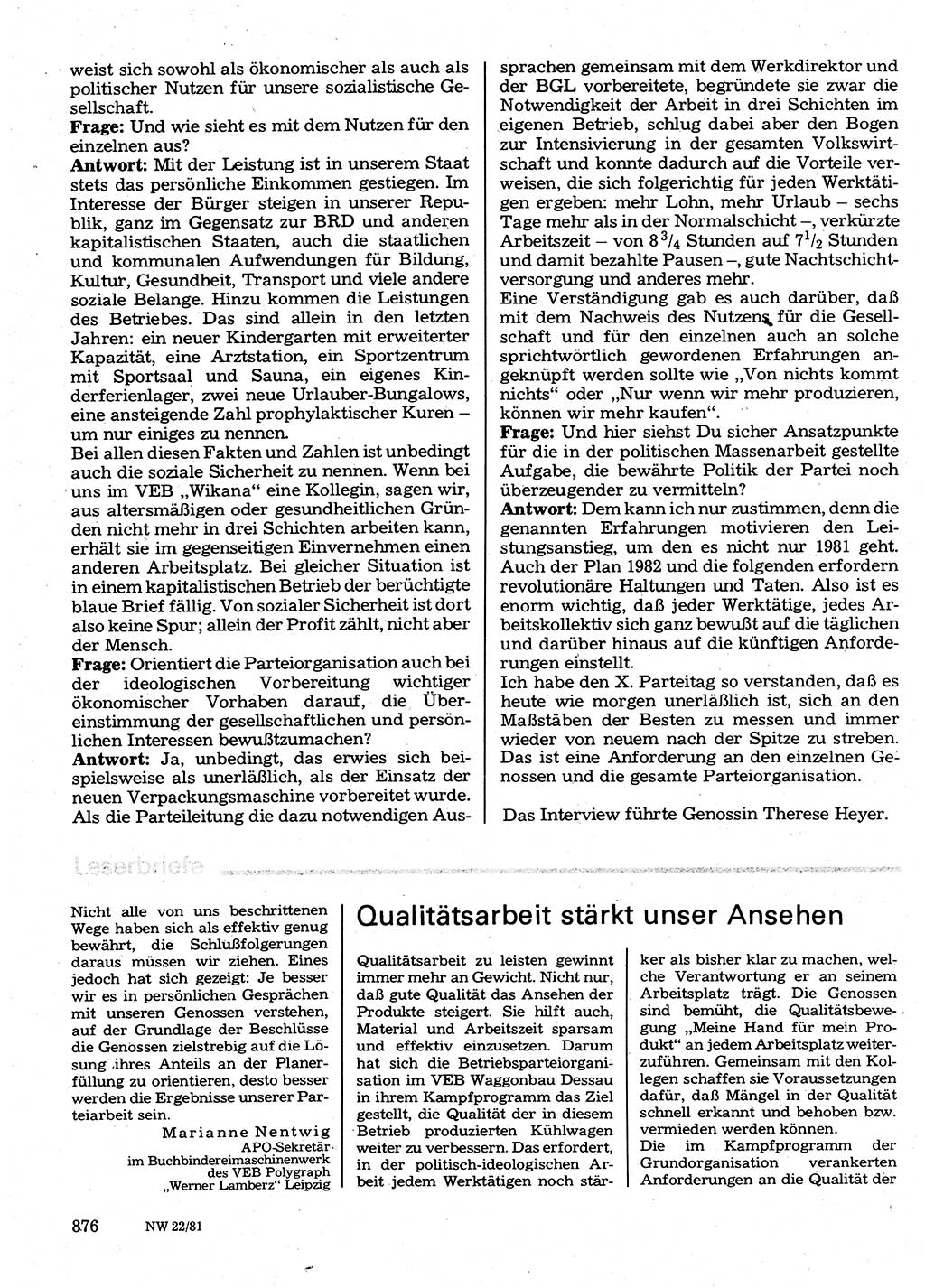 Neuer Weg (NW), Organ des Zentralkomitees (ZK) der SED (Sozialistische Einheitspartei Deutschlands) für Fragen des Parteilebens, 36. Jahrgang [Deutsche Demokratische Republik (DDR)] 1981, Seite 876 (NW ZK SED DDR 1981, S. 876)