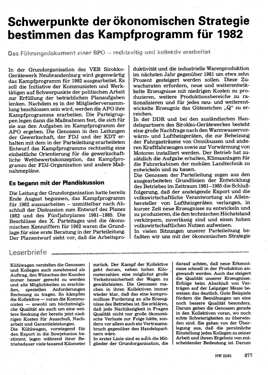 Neuer Weg (NW), Organ des Zentralkomitees (ZK) der SED (Sozialistische Einheitspartei Deutschlands) für Fragen des Parteilebens, 36. Jahrgang [Deutsche Demokratische Republik (DDR)] 1981, Seite 877 (NW ZK SED DDR 1981, S. 877)