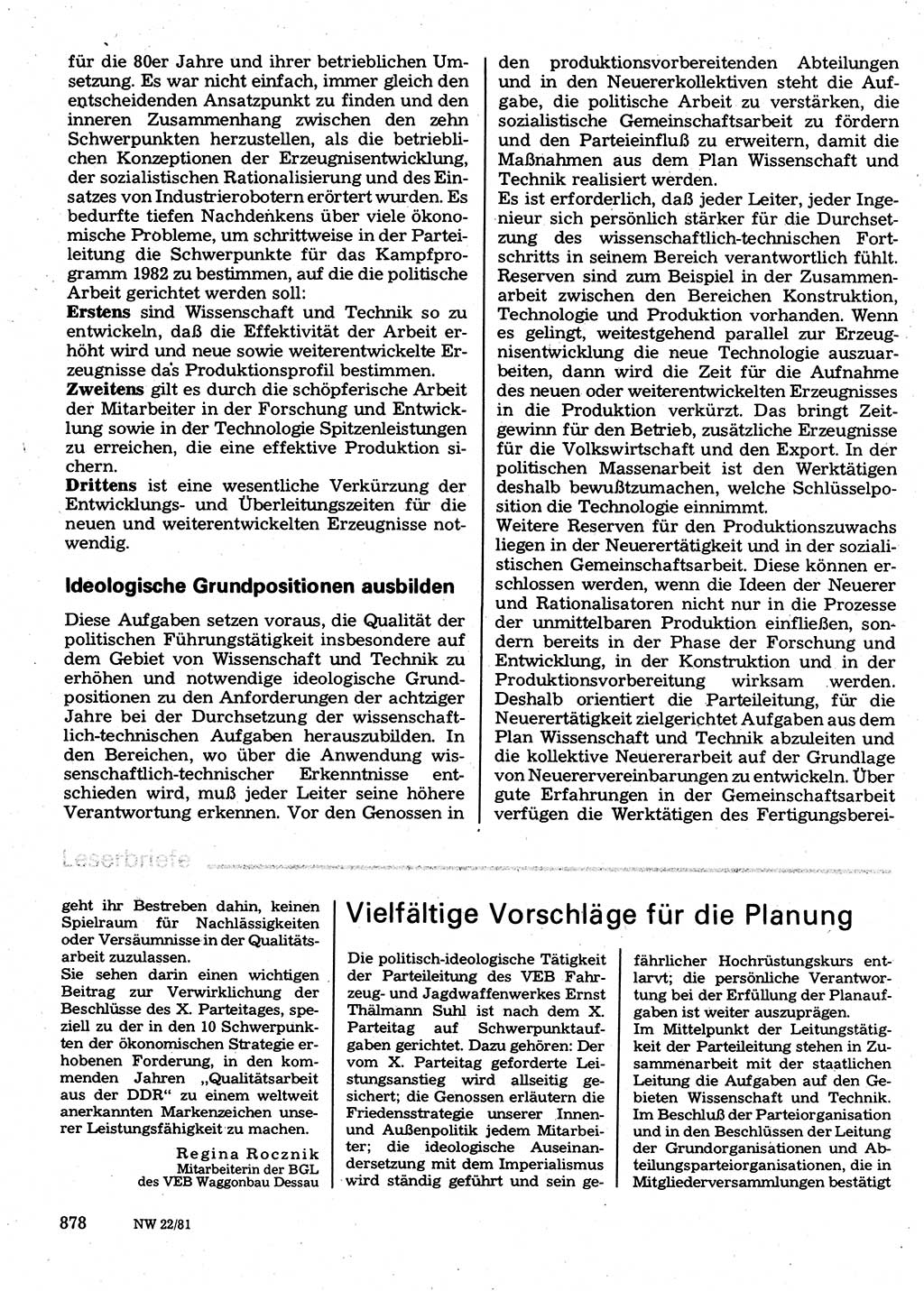 Neuer Weg (NW), Organ des Zentralkomitees (ZK) der SED (Sozialistische Einheitspartei Deutschlands) für Fragen des Parteilebens, 36. Jahrgang [Deutsche Demokratische Republik (DDR)] 1981, Seite 878 (NW ZK SED DDR 1981, S. 878)