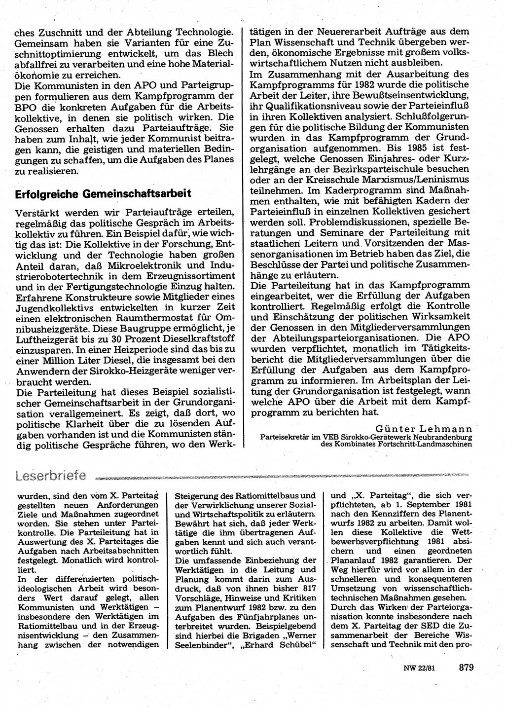 Neuer Weg (NW), Organ des Zentralkomitees (ZK) der SED (Sozialistische Einheitspartei Deutschlands) für Fragen des Parteilebens, 36. Jahrgang [Deutsche Demokratische Republik (DDR)] 1981, Seite 879 (NW ZK SED DDR 1981, S. 879)