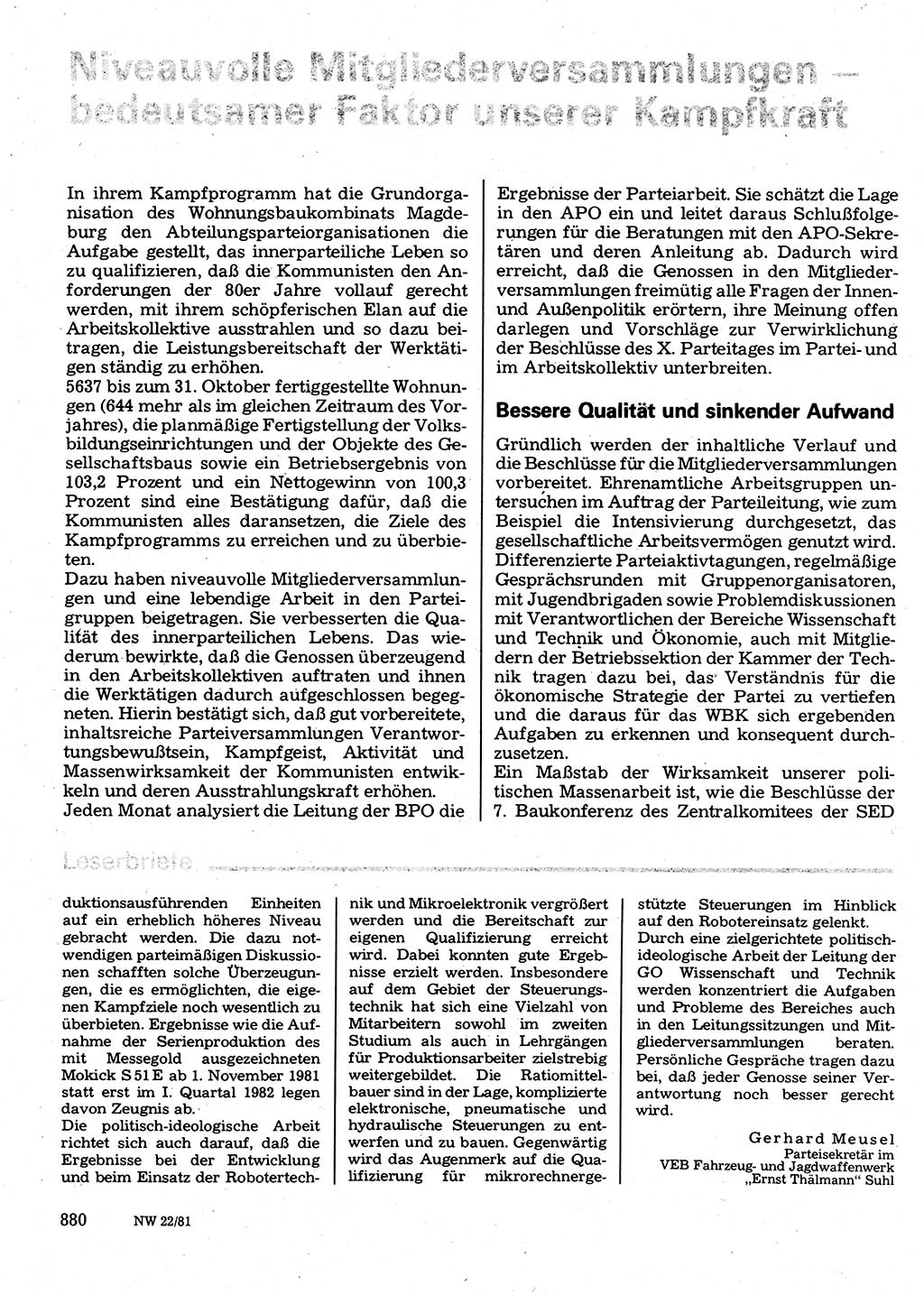 Neuer Weg (NW), Organ des Zentralkomitees (ZK) der SED (Sozialistische Einheitspartei Deutschlands) für Fragen des Parteilebens, 36. Jahrgang [Deutsche Demokratische Republik (DDR)] 1981, Seite 880 (NW ZK SED DDR 1981, S. 880)