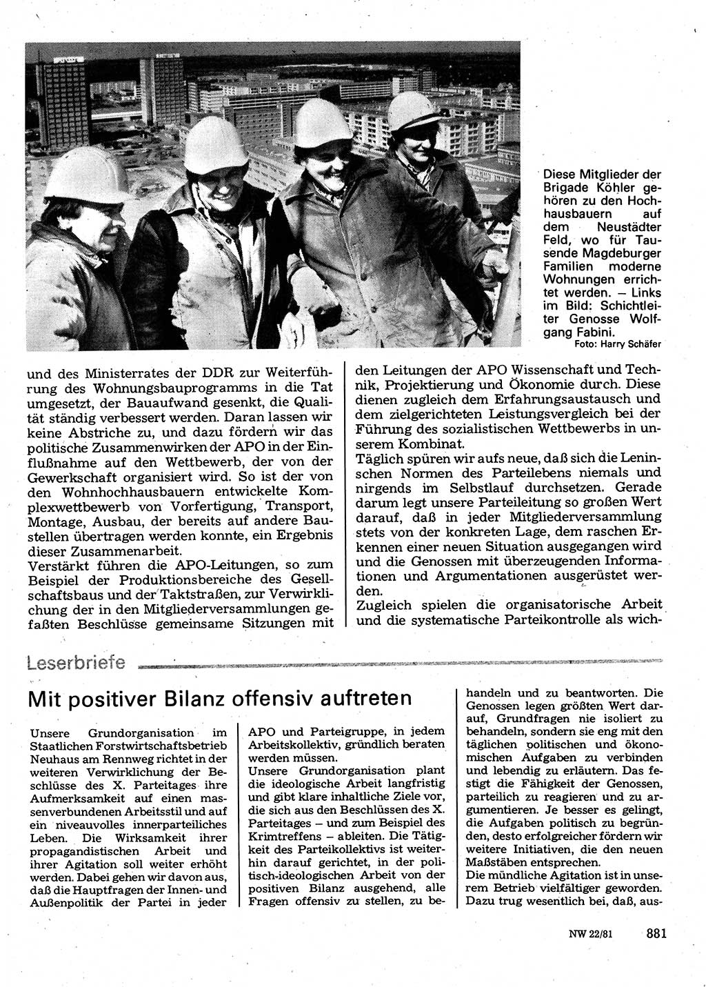 Neuer Weg (NW), Organ des Zentralkomitees (ZK) der SED (Sozialistische Einheitspartei Deutschlands) für Fragen des Parteilebens, 36. Jahrgang [Deutsche Demokratische Republik (DDR)] 1981, Seite 881 (NW ZK SED DDR 1981, S. 881)