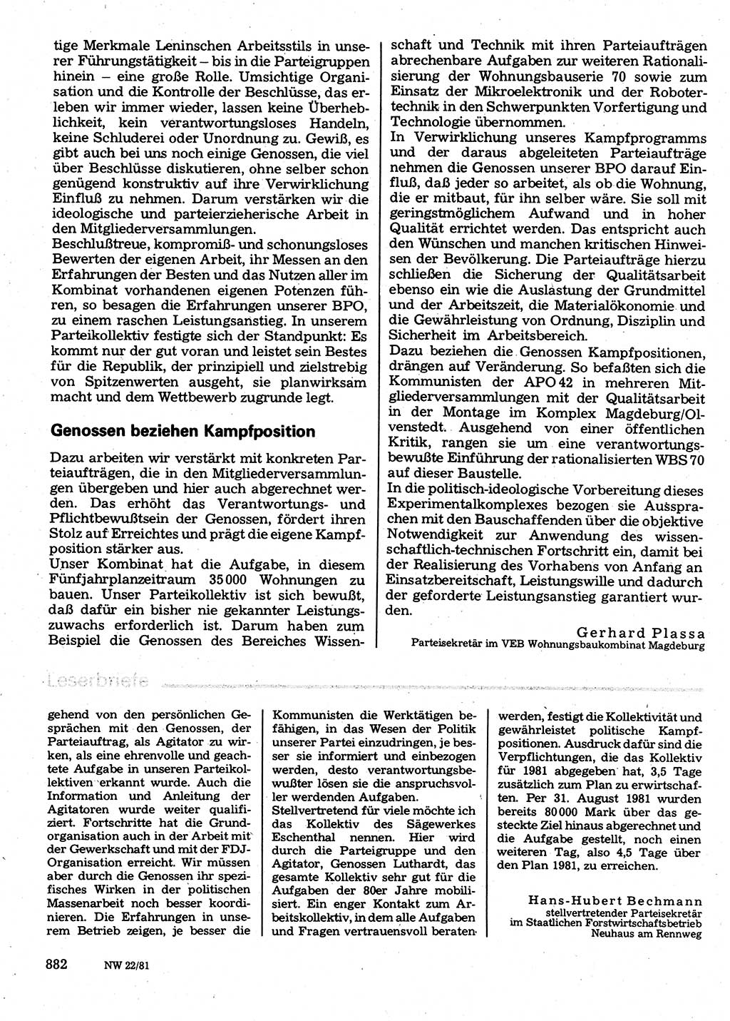 Neuer Weg (NW), Organ des Zentralkomitees (ZK) der SED (Sozialistische Einheitspartei Deutschlands) für Fragen des Parteilebens, 36. Jahrgang [Deutsche Demokratische Republik (DDR)] 1981, Seite 882 (NW ZK SED DDR 1981, S. 882)