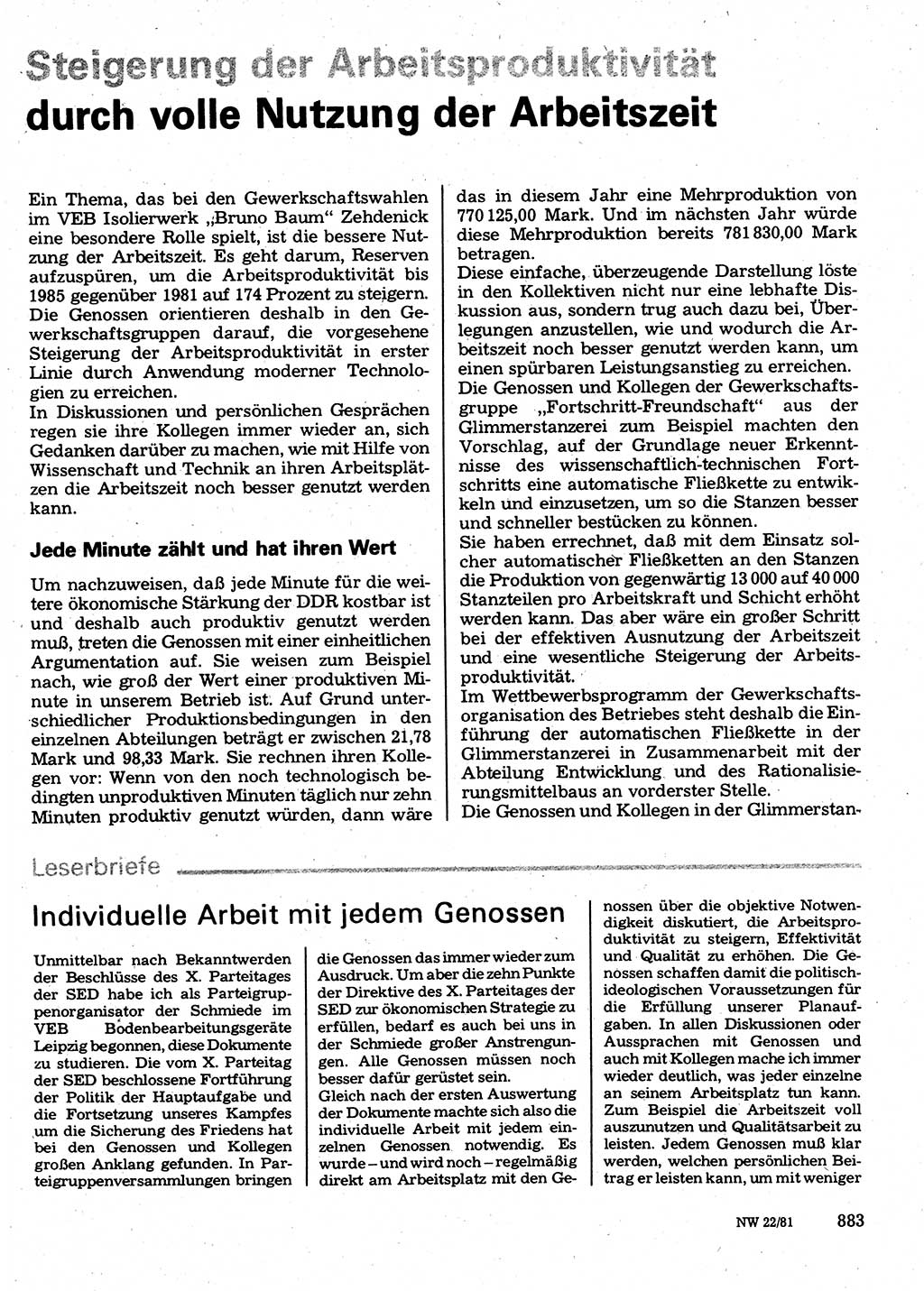 Neuer Weg (NW), Organ des Zentralkomitees (ZK) der SED (Sozialistische Einheitspartei Deutschlands) für Fragen des Parteilebens, 36. Jahrgang [Deutsche Demokratische Republik (DDR)] 1981, Seite 883 (NW ZK SED DDR 1981, S. 883)