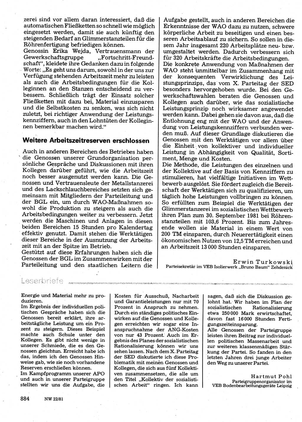 Neuer Weg (NW), Organ des Zentralkomitees (ZK) der SED (Sozialistische Einheitspartei Deutschlands) für Fragen des Parteilebens, 36. Jahrgang [Deutsche Demokratische Republik (DDR)] 1981, Seite 884 (NW ZK SED DDR 1981, S. 884)