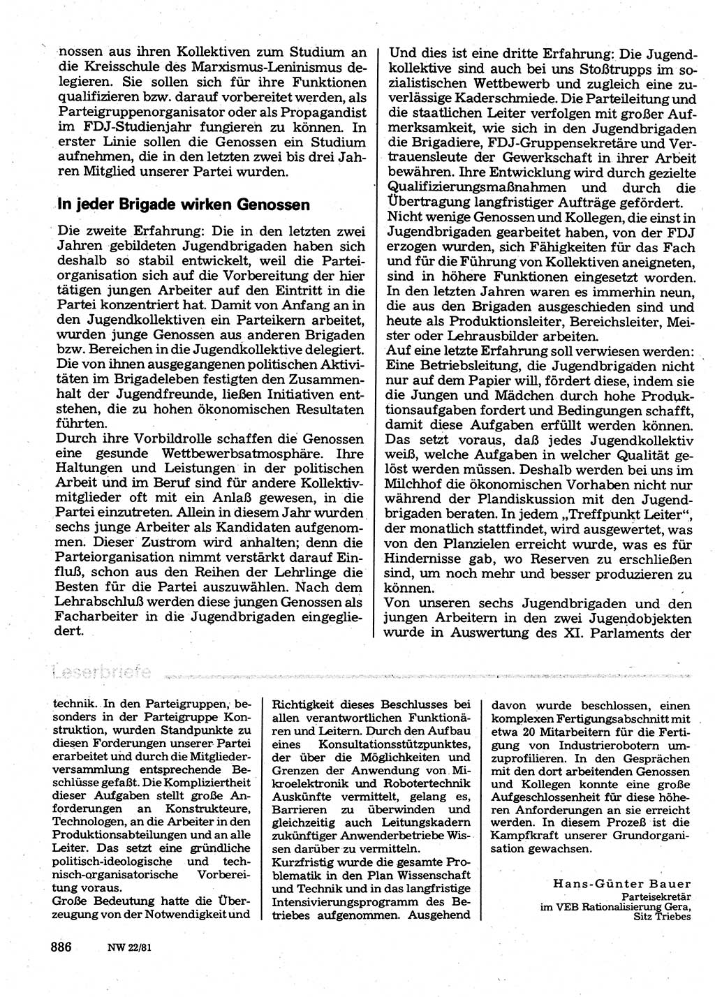 Neuer Weg (NW), Organ des Zentralkomitees (ZK) der SED (Sozialistische Einheitspartei Deutschlands) für Fragen des Parteilebens, 36. Jahrgang [Deutsche Demokratische Republik (DDR)] 1981, Seite 886 (NW ZK SED DDR 1981, S. 886)