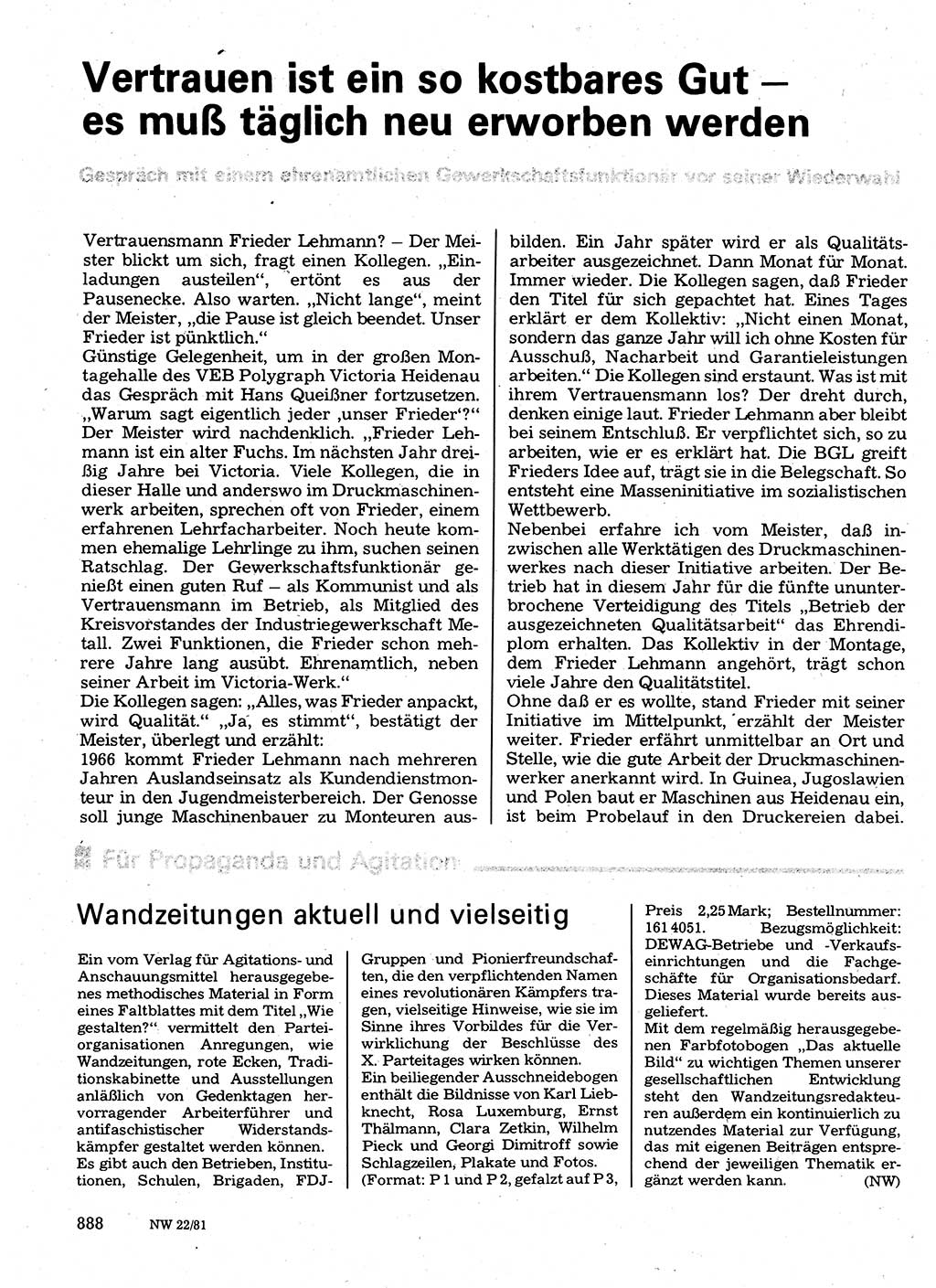 Neuer Weg (NW), Organ des Zentralkomitees (ZK) der SED (Sozialistische Einheitspartei Deutschlands) für Fragen des Parteilebens, 36. Jahrgang [Deutsche Demokratische Republik (DDR)] 1981, Seite 888 (NW ZK SED DDR 1981, S. 888)