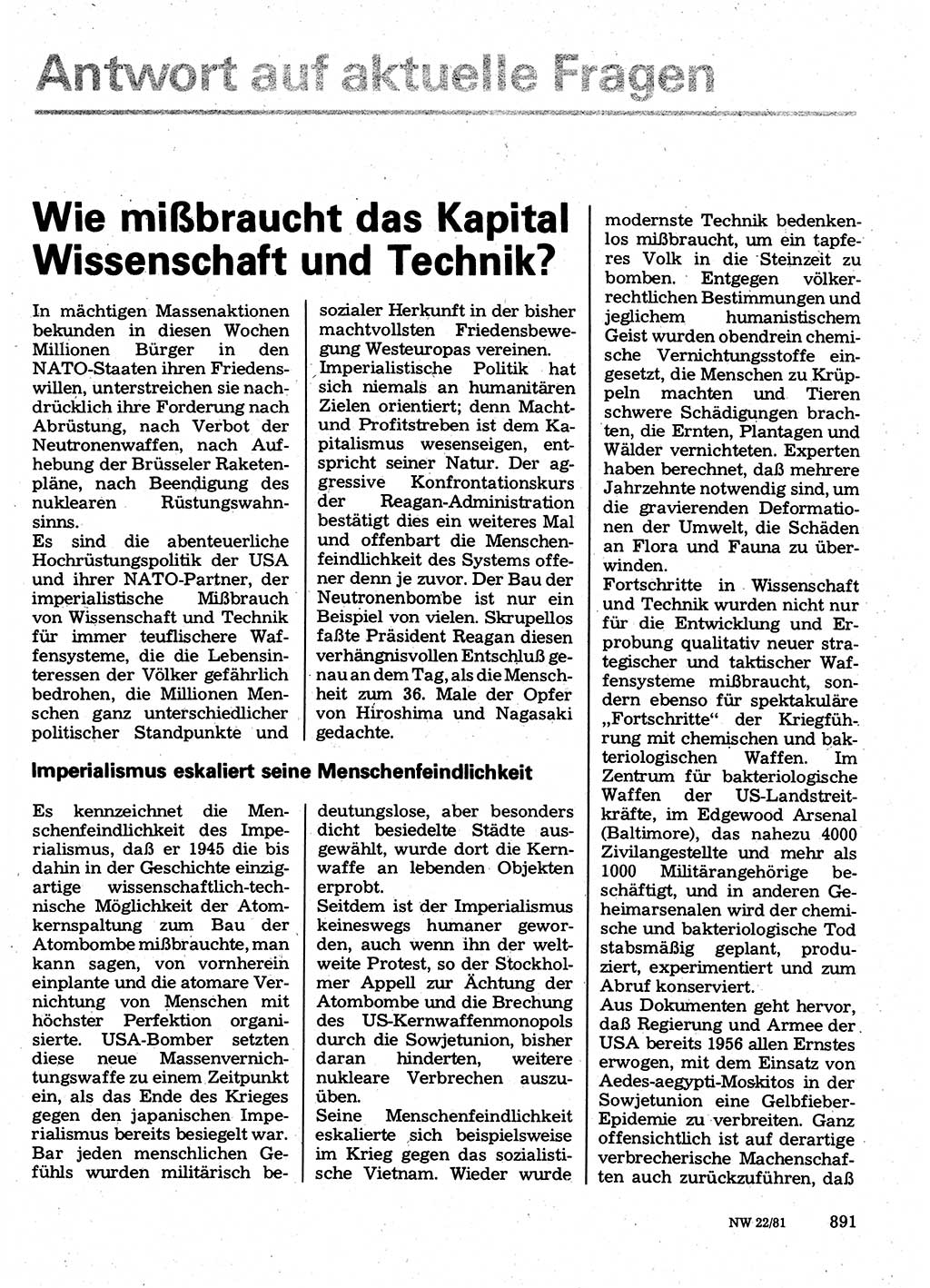 Neuer Weg (NW), Organ des Zentralkomitees (ZK) der SED (Sozialistische Einheitspartei Deutschlands) für Fragen des Parteilebens, 36. Jahrgang [Deutsche Demokratische Republik (DDR)] 1981, Seite 891 (NW ZK SED DDR 1981, S. 891)