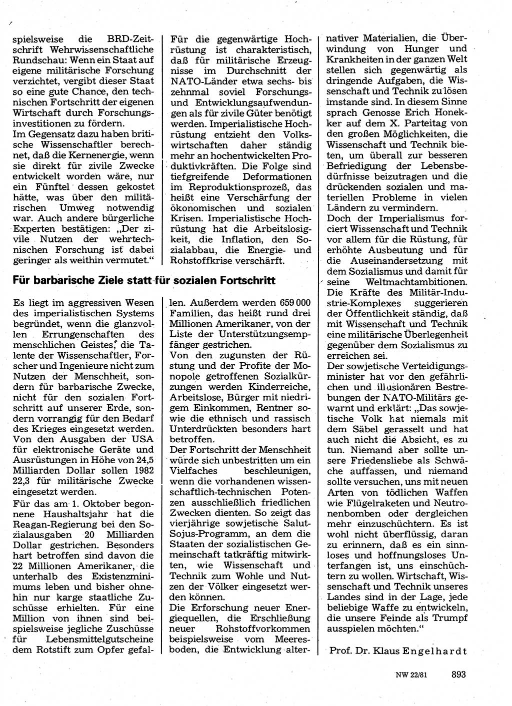 Neuer Weg (NW), Organ des Zentralkomitees (ZK) der SED (Sozialistische Einheitspartei Deutschlands) für Fragen des Parteilebens, 36. Jahrgang [Deutsche Demokratische Republik (DDR)] 1981, Seite 893 (NW ZK SED DDR 1981, S. 893)