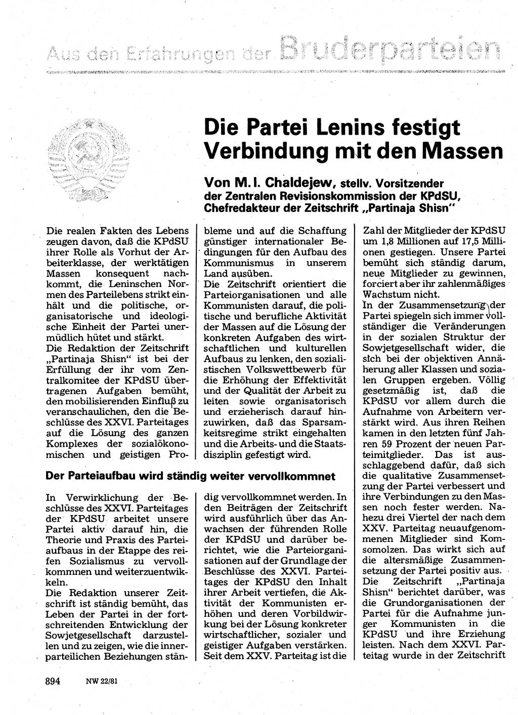 Neuer Weg (NW), Organ des Zentralkomitees (ZK) der SED (Sozialistische Einheitspartei Deutschlands) für Fragen des Parteilebens, 36. Jahrgang [Deutsche Demokratische Republik (DDR)] 1981, Seite 894 (NW ZK SED DDR 1981, S. 894)