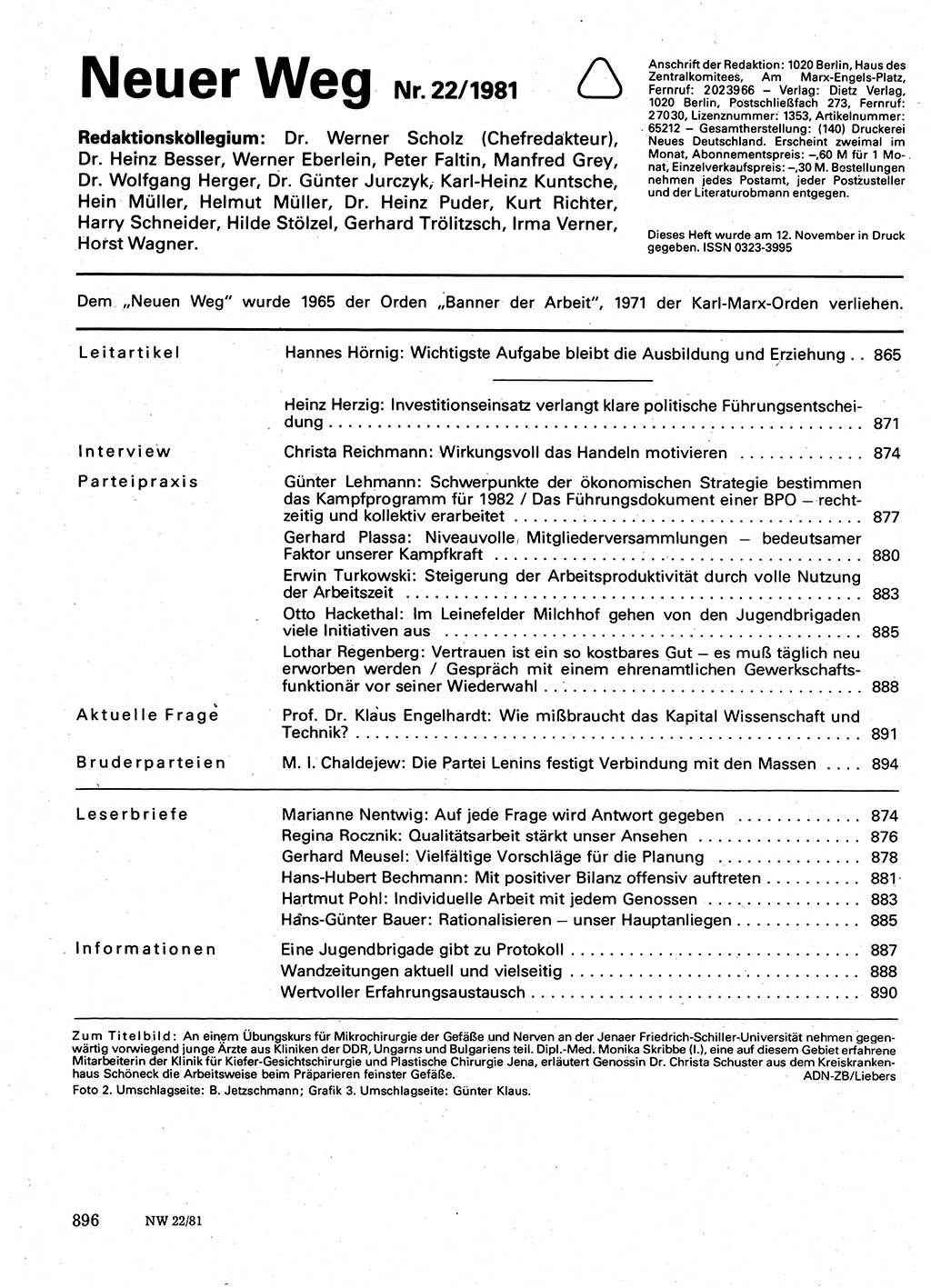 Neuer Weg (NW), Organ des Zentralkomitees (ZK) der SED (Sozialistische Einheitspartei Deutschlands) für Fragen des Parteilebens, 36. Jahrgang [Deutsche Demokratische Republik (DDR)] 1981, Seite 896 (NW ZK SED DDR 1981, S. 896)