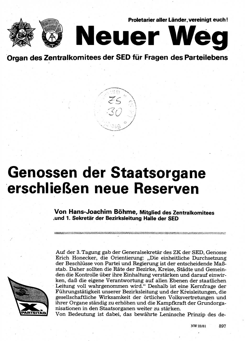 Neuer Weg (NW), Organ des Zentralkomitees (ZK) der SED (Sozialistische Einheitspartei Deutschlands) für Fragen des Parteilebens, 36. Jahrgang [Deutsche Demokratische Republik (DDR)] 1981, Seite 897 (NW ZK SED DDR 1981, S. 897)