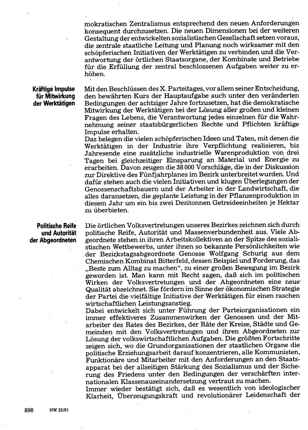 Neuer Weg (NW), Organ des Zentralkomitees (ZK) der SED (Sozialistische Einheitspartei Deutschlands) für Fragen des Parteilebens, 36. Jahrgang [Deutsche Demokratische Republik (DDR)] 1981, Seite 898 (NW ZK SED DDR 1981, S. 898)