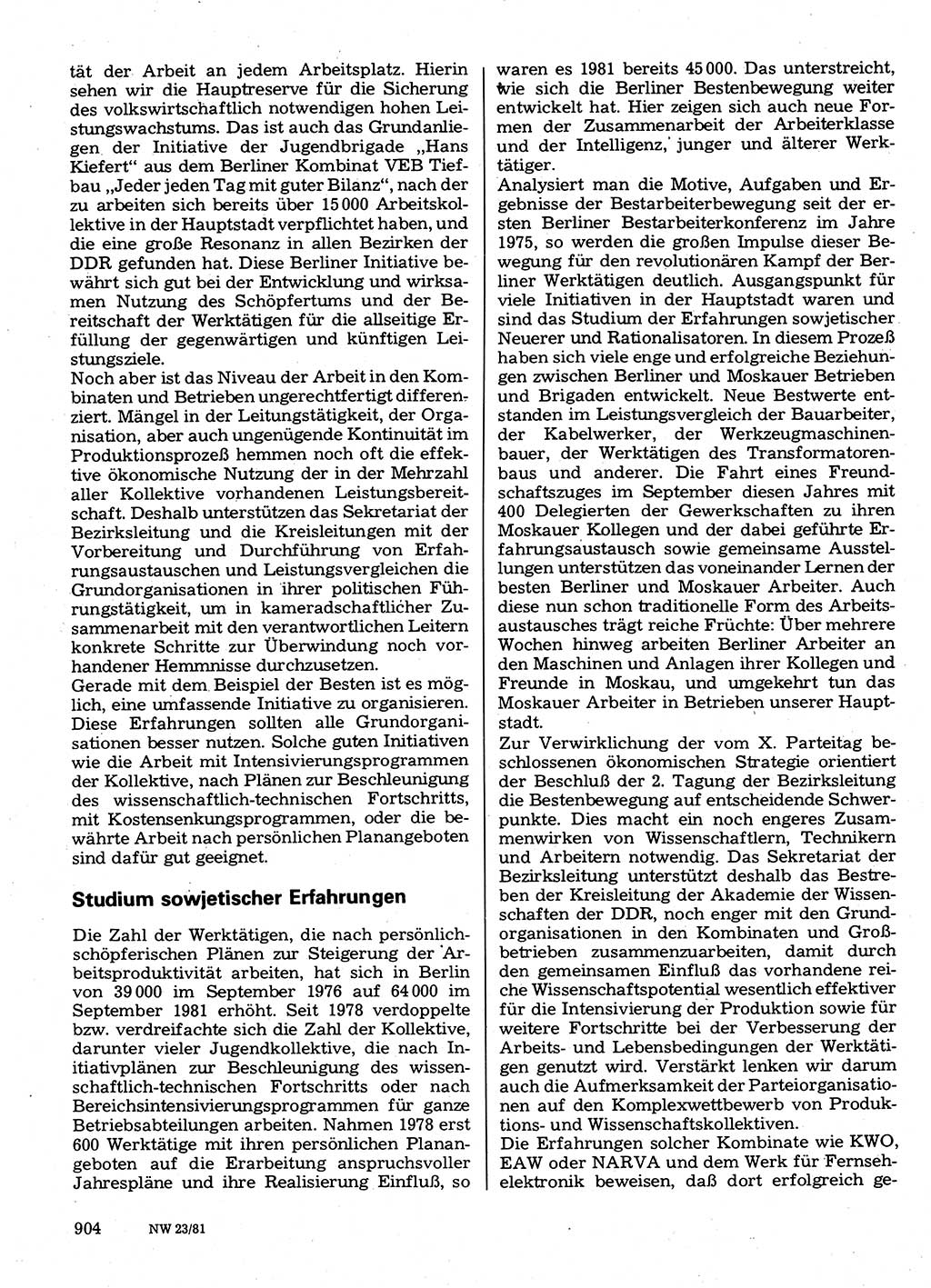 Neuer Weg (NW), Organ des Zentralkomitees (ZK) der SED (Sozialistische Einheitspartei Deutschlands) für Fragen des Parteilebens, 36. Jahrgang [Deutsche Demokratische Republik (DDR)] 1981, Seite 904 (NW ZK SED DDR 1981, S. 904)