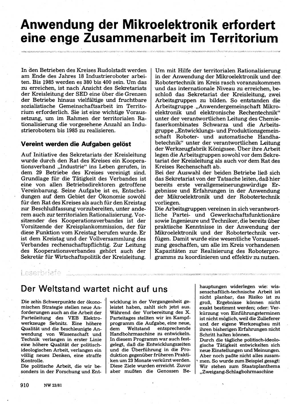 Neuer Weg (NW), Organ des Zentralkomitees (ZK) der SED (Sozialistische Einheitspartei Deutschlands) für Fragen des Parteilebens, 36. Jahrgang [Deutsche Demokratische Republik (DDR)] 1981, Seite 910 (NW ZK SED DDR 1981, S. 910)