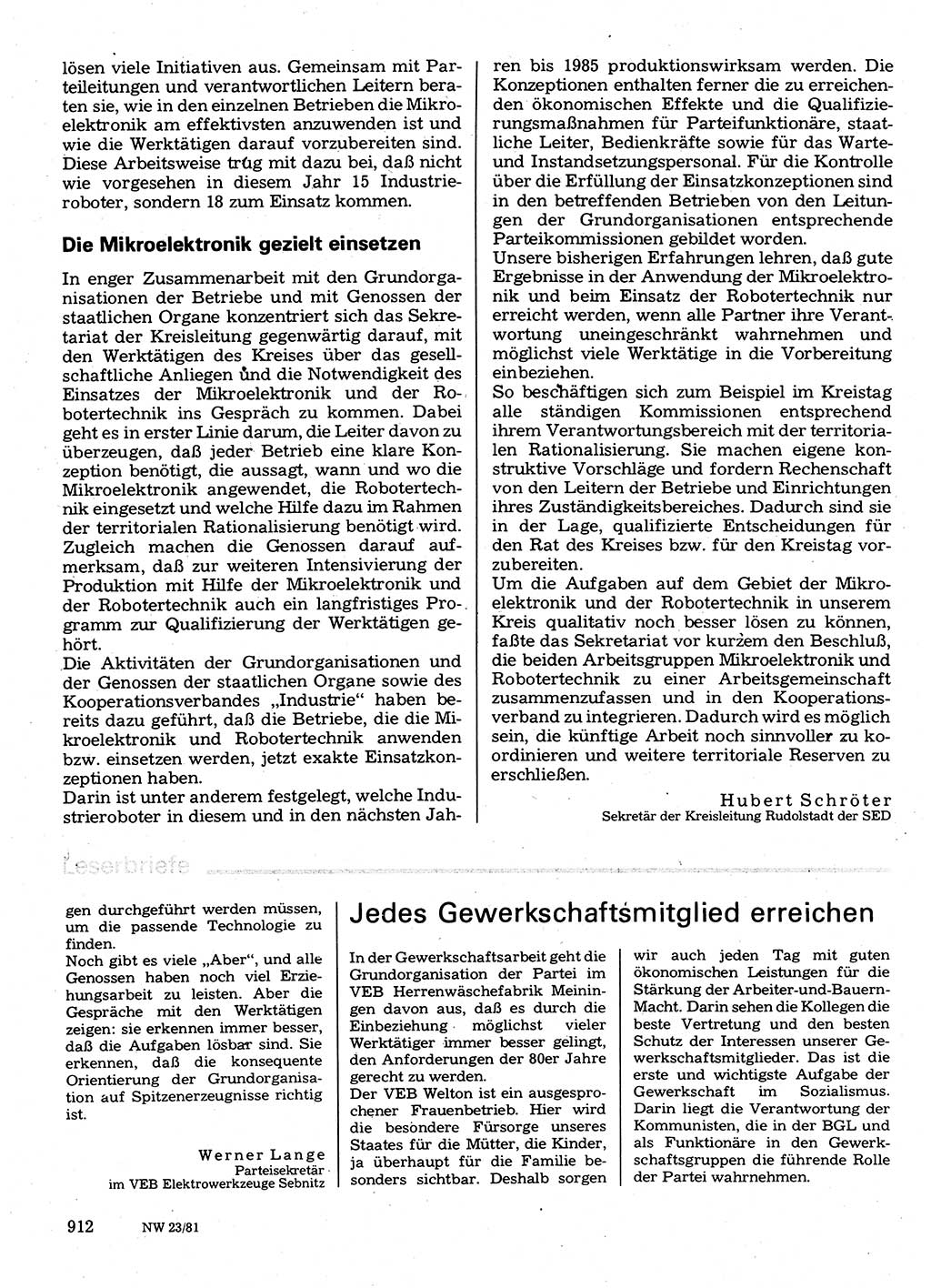 Neuer Weg (NW), Organ des Zentralkomitees (ZK) der SED (Sozialistische Einheitspartei Deutschlands) für Fragen des Parteilebens, 36. Jahrgang [Deutsche Demokratische Republik (DDR)] 1981, Seite 912 (NW ZK SED DDR 1981, S. 912)