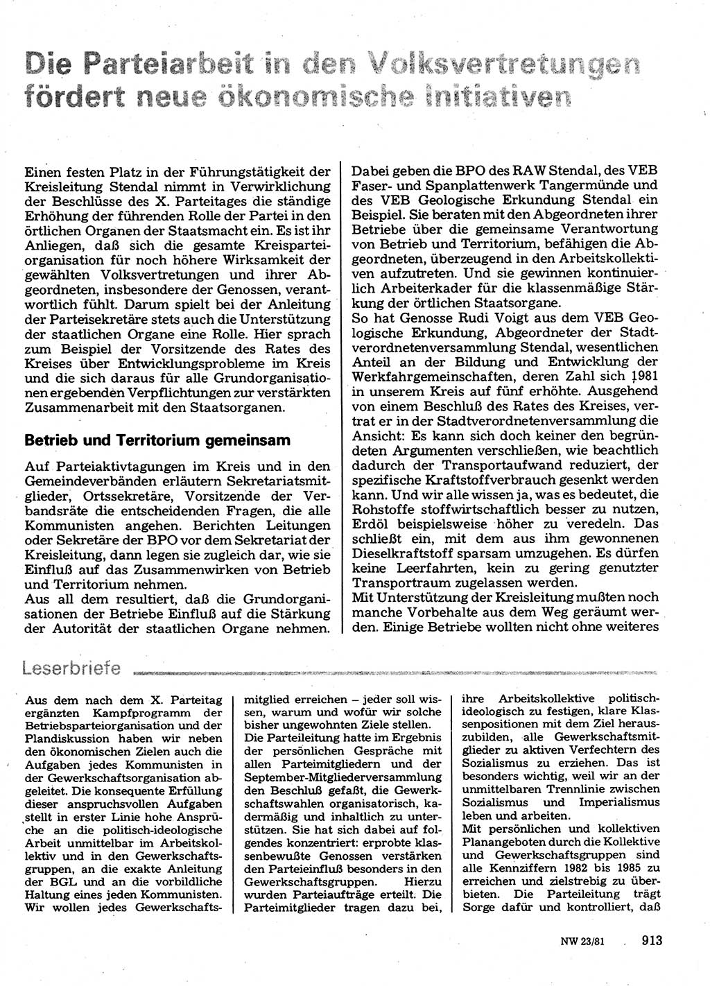 Neuer Weg (NW), Organ des Zentralkomitees (ZK) der SED (Sozialistische Einheitspartei Deutschlands) fÃ¼r Fragen des Parteilebens, 36. Jahrgang [Deutsche Demokratische Republik (DDR)] 1981, Seite 913 (NW ZK SED DDR 1981, S. 913)