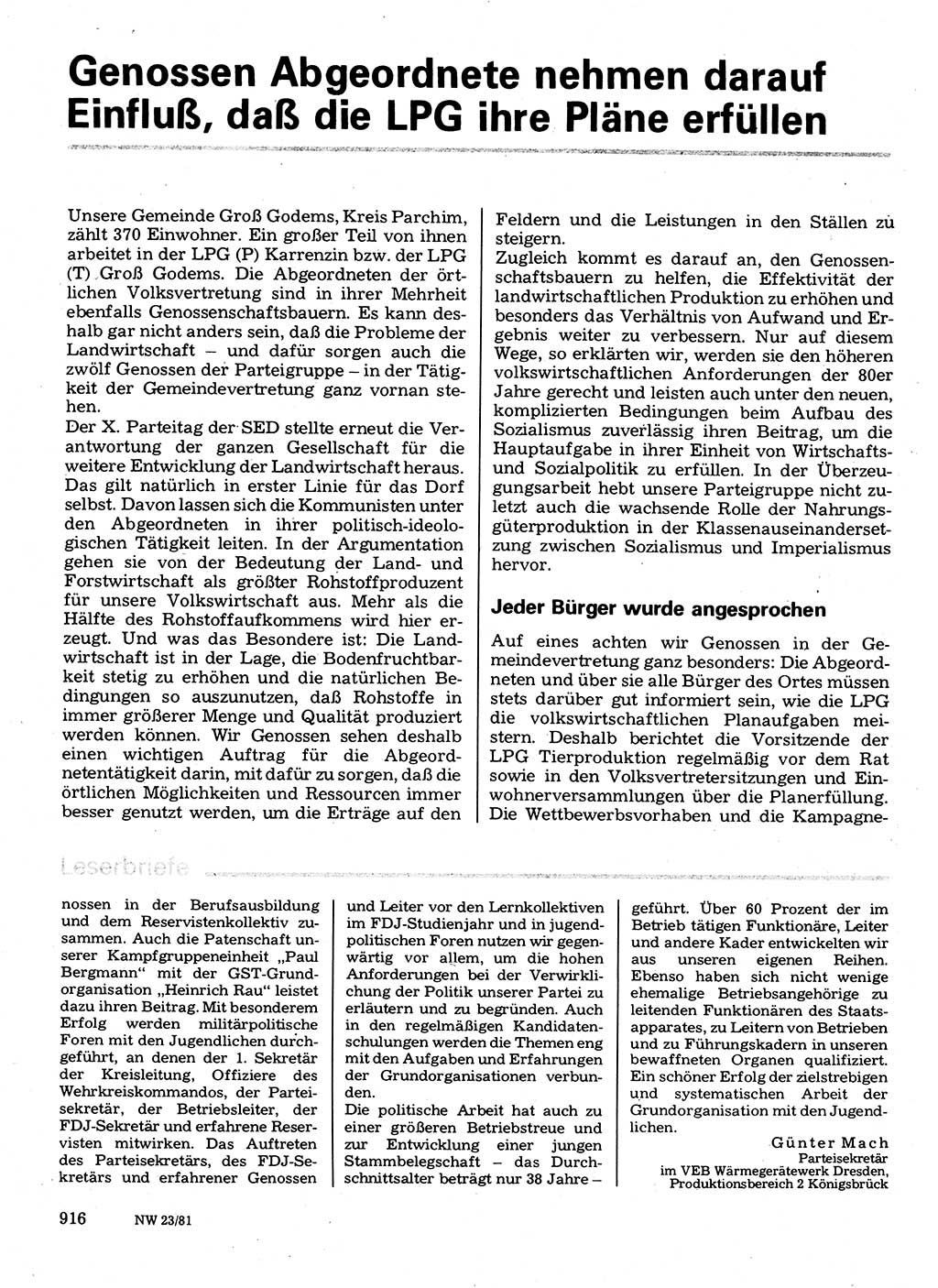 Neuer Weg (NW), Organ des Zentralkomitees (ZK) der SED (Sozialistische Einheitspartei Deutschlands) für Fragen des Parteilebens, 36. Jahrgang [Deutsche Demokratische Republik (DDR)] 1981, Seite 916 (NW ZK SED DDR 1981, S. 916)