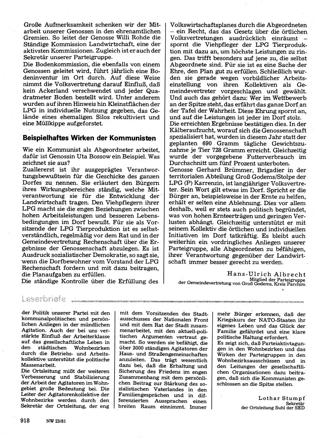 Neuer Weg (NW), Organ des Zentralkomitees (ZK) der SED (Sozialistische Einheitspartei Deutschlands) für Fragen des Parteilebens, 36. Jahrgang [Deutsche Demokratische Republik (DDR)] 1981, Seite 918 (NW ZK SED DDR 1981, S. 918)