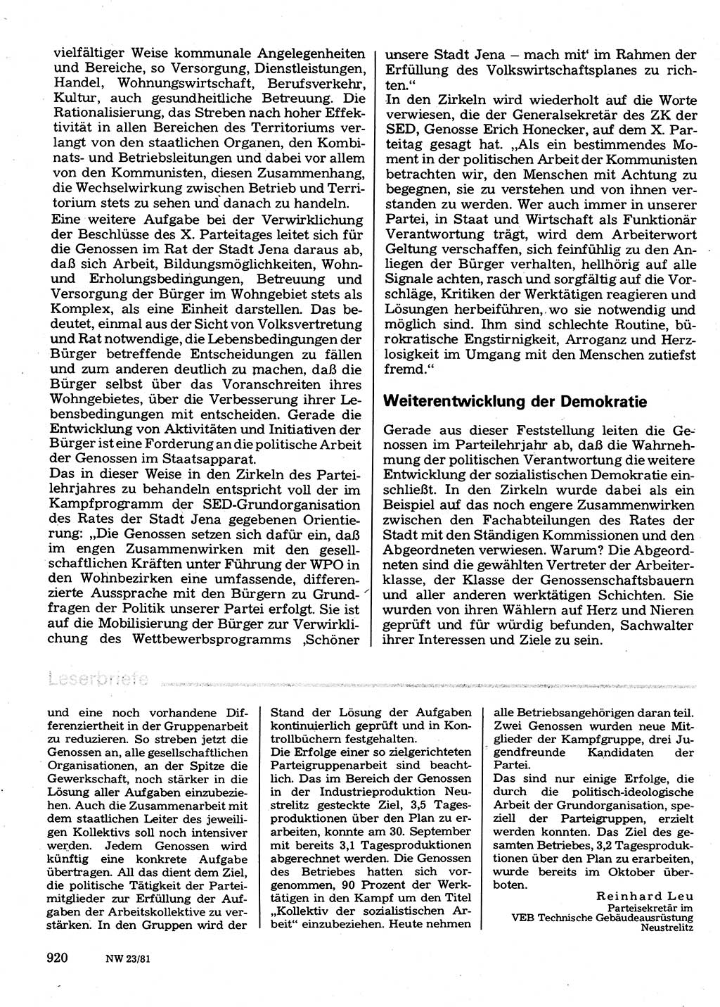 Neuer Weg (NW), Organ des Zentralkomitees (ZK) der SED (Sozialistische Einheitspartei Deutschlands) für Fragen des Parteilebens, 36. Jahrgang [Deutsche Demokratische Republik (DDR)] 1981, Seite 920 (NW ZK SED DDR 1981, S. 920)