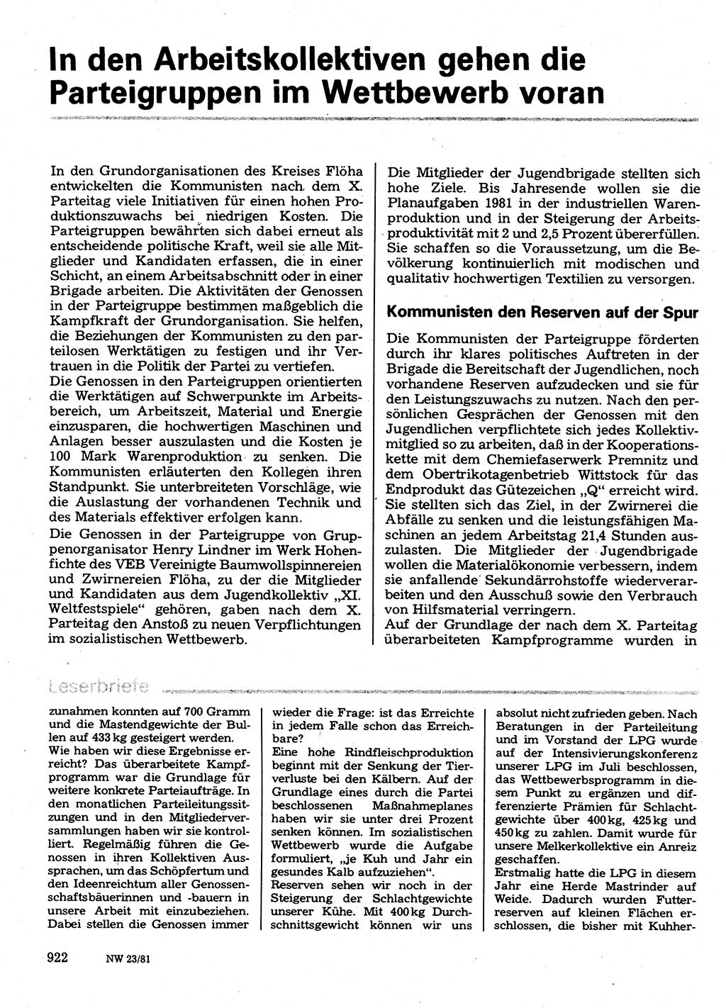 Neuer Weg (NW), Organ des Zentralkomitees (ZK) der SED (Sozialistische Einheitspartei Deutschlands) für Fragen des Parteilebens, 36. Jahrgang [Deutsche Demokratische Republik (DDR)] 1981, Seite 922 (NW ZK SED DDR 1981, S. 922)