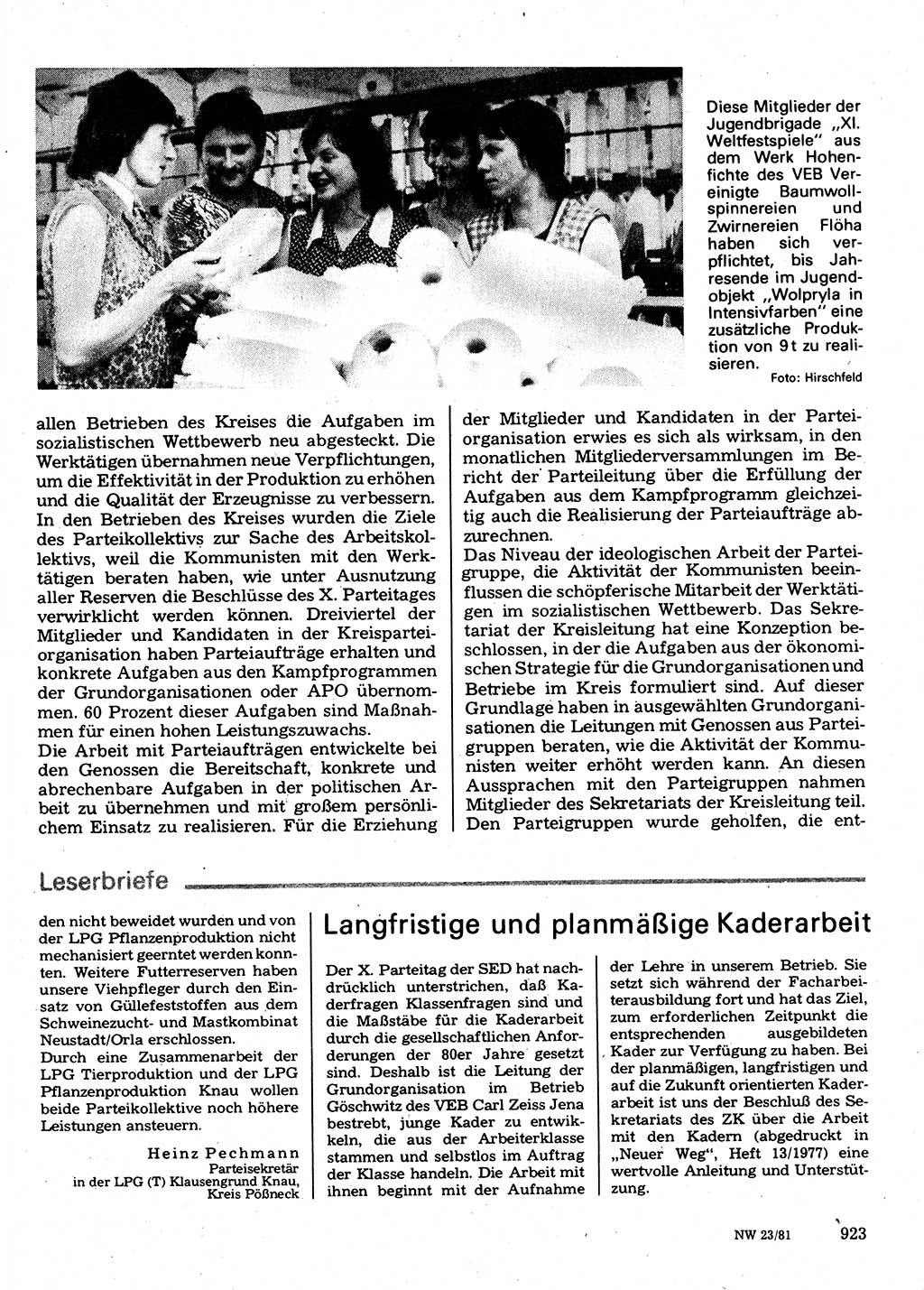 Neuer Weg (NW), Organ des Zentralkomitees (ZK) der SED (Sozialistische Einheitspartei Deutschlands) für Fragen des Parteilebens, 36. Jahrgang [Deutsche Demokratische Republik (DDR)] 1981, Seite 923 (NW ZK SED DDR 1981, S. 923)