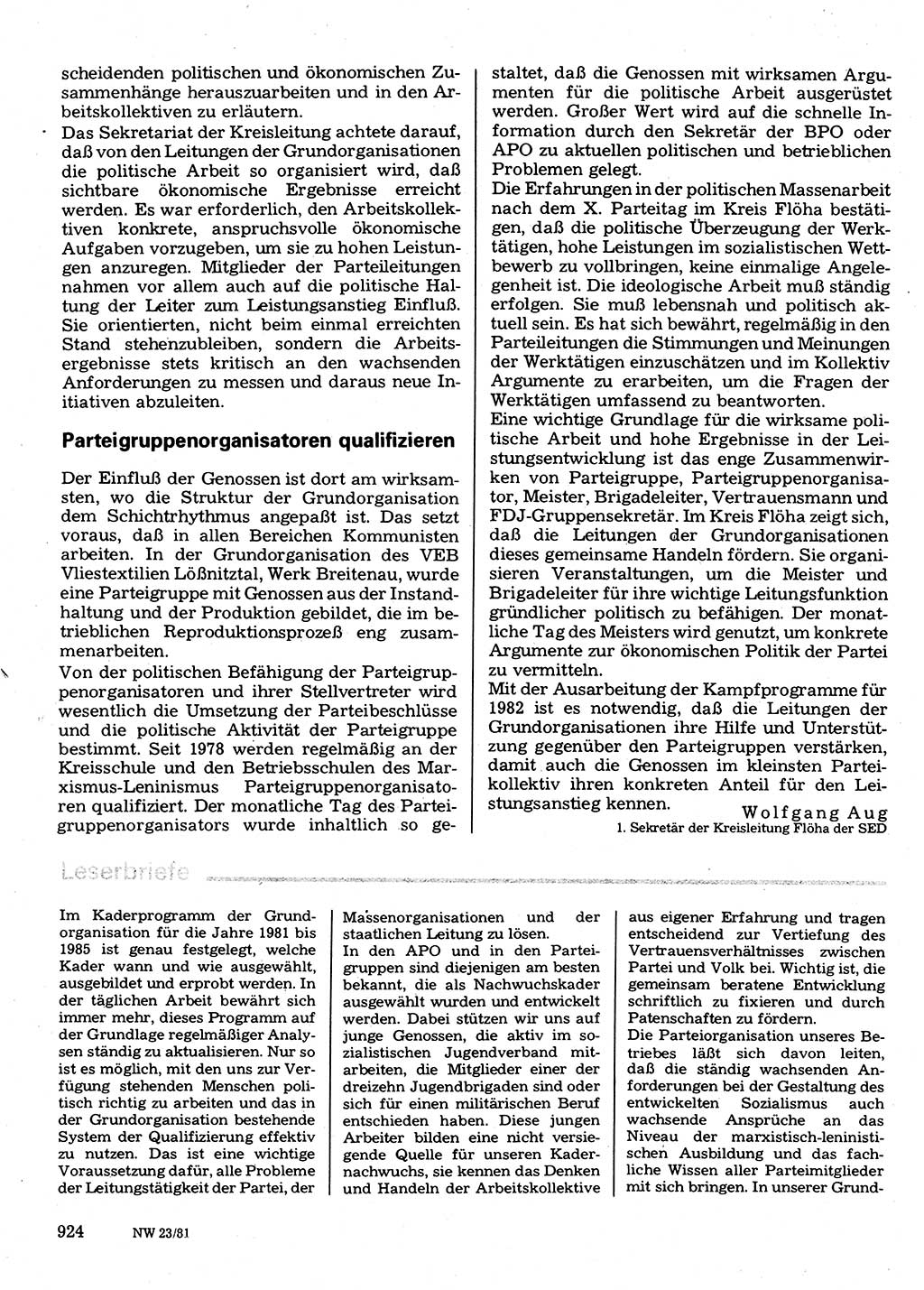 Neuer Weg (NW), Organ des Zentralkomitees (ZK) der SED (Sozialistische Einheitspartei Deutschlands) für Fragen des Parteilebens, 36. Jahrgang [Deutsche Demokratische Republik (DDR)] 1981, Seite 924 (NW ZK SED DDR 1981, S. 924)
