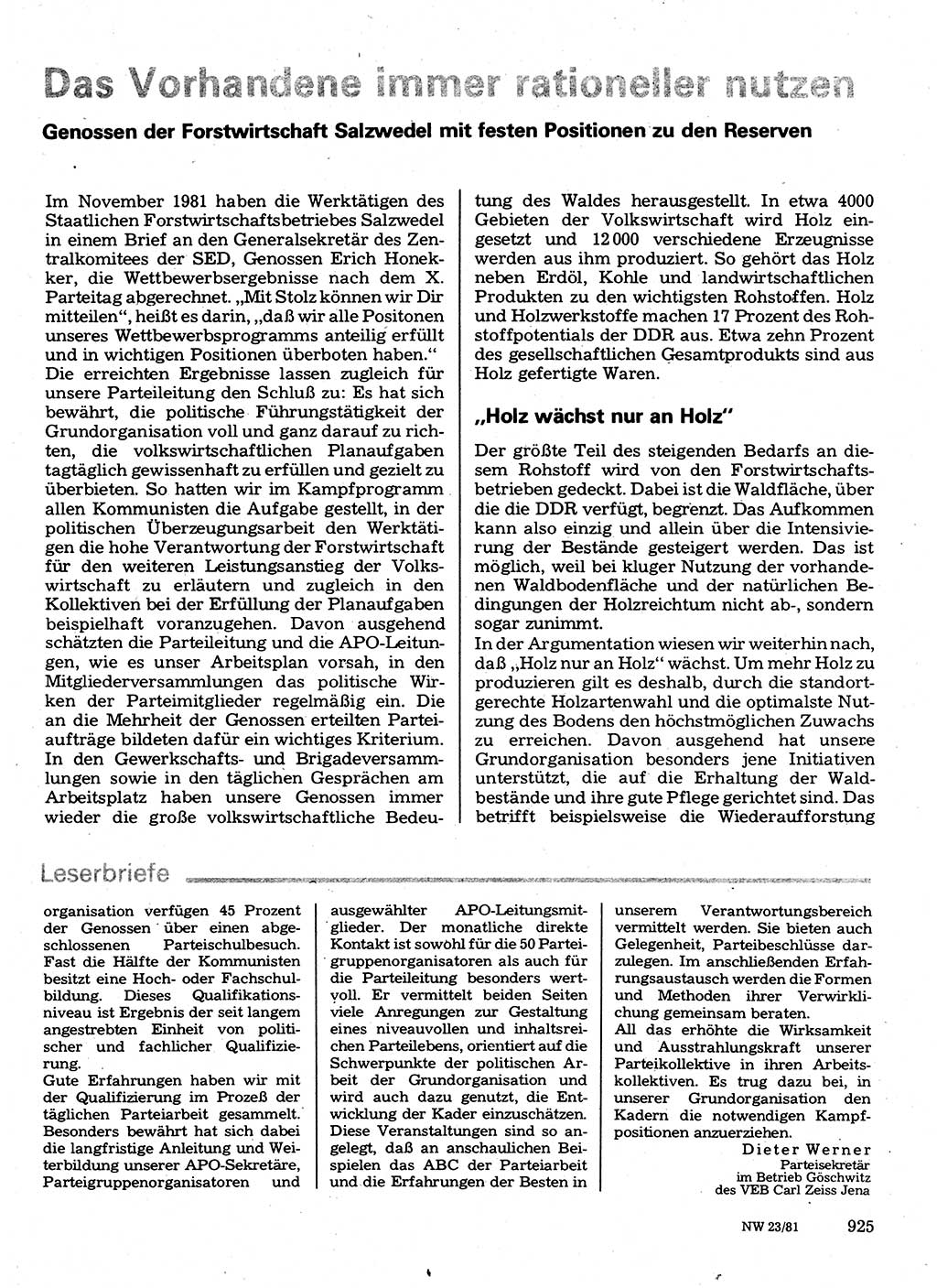 Neuer Weg (NW), Organ des Zentralkomitees (ZK) der SED (Sozialistische Einheitspartei Deutschlands) für Fragen des Parteilebens, 36. Jahrgang [Deutsche Demokratische Republik (DDR)] 1981, Seite 925 (NW ZK SED DDR 1981, S. 925)