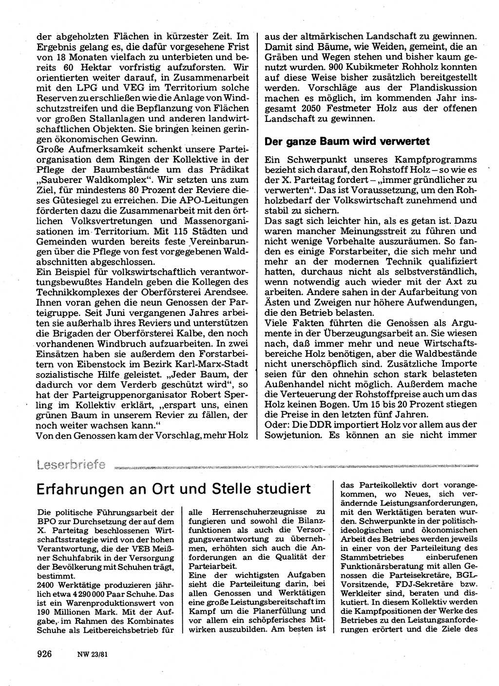 Neuer Weg (NW), Organ des Zentralkomitees (ZK) der SED (Sozialistische Einheitspartei Deutschlands) für Fragen des Parteilebens, 36. Jahrgang [Deutsche Demokratische Republik (DDR)] 1981, Seite 926 (NW ZK SED DDR 1981, S. 926)
