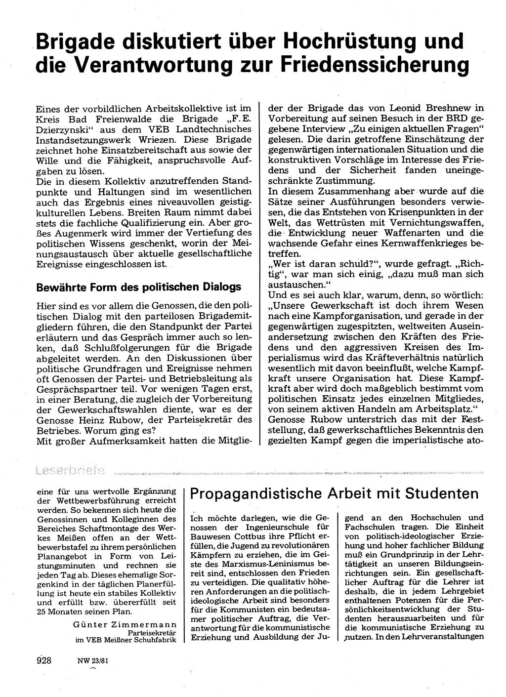 Neuer Weg (NW), Organ des Zentralkomitees (ZK) der SED (Sozialistische Einheitspartei Deutschlands) für Fragen des Parteilebens, 36. Jahrgang [Deutsche Demokratische Republik (DDR)] 1981, Seite 928 (NW ZK SED DDR 1981, S. 928)