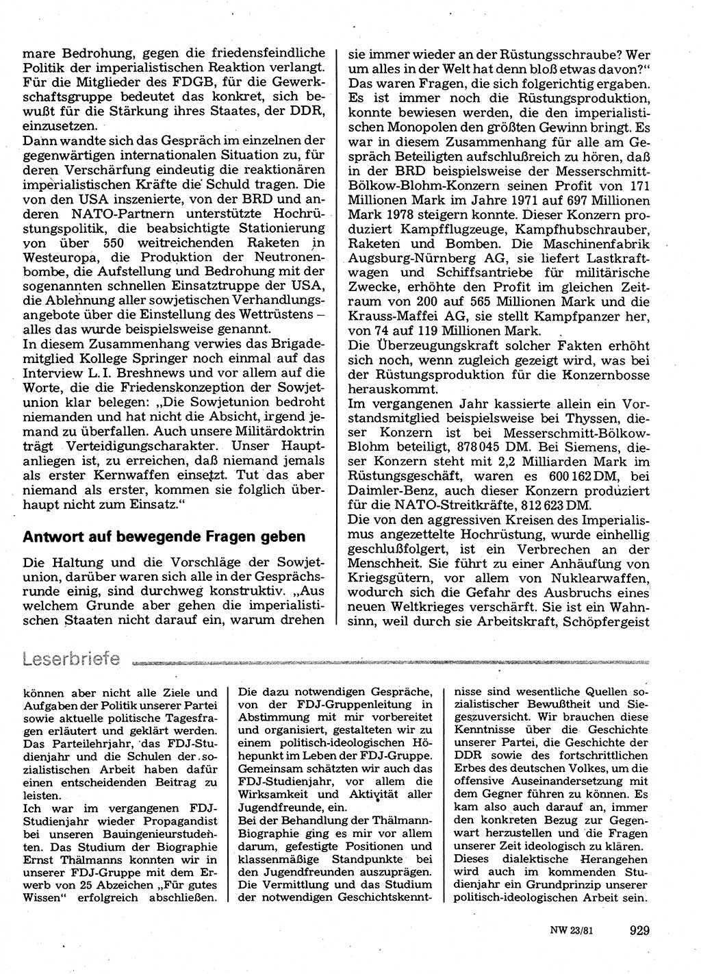 Neuer Weg (NW), Organ des Zentralkomitees (ZK) der SED (Sozialistische Einheitspartei Deutschlands) für Fragen des Parteilebens, 36. Jahrgang [Deutsche Demokratische Republik (DDR)] 1981, Seite 929 (NW ZK SED DDR 1981, S. 929)