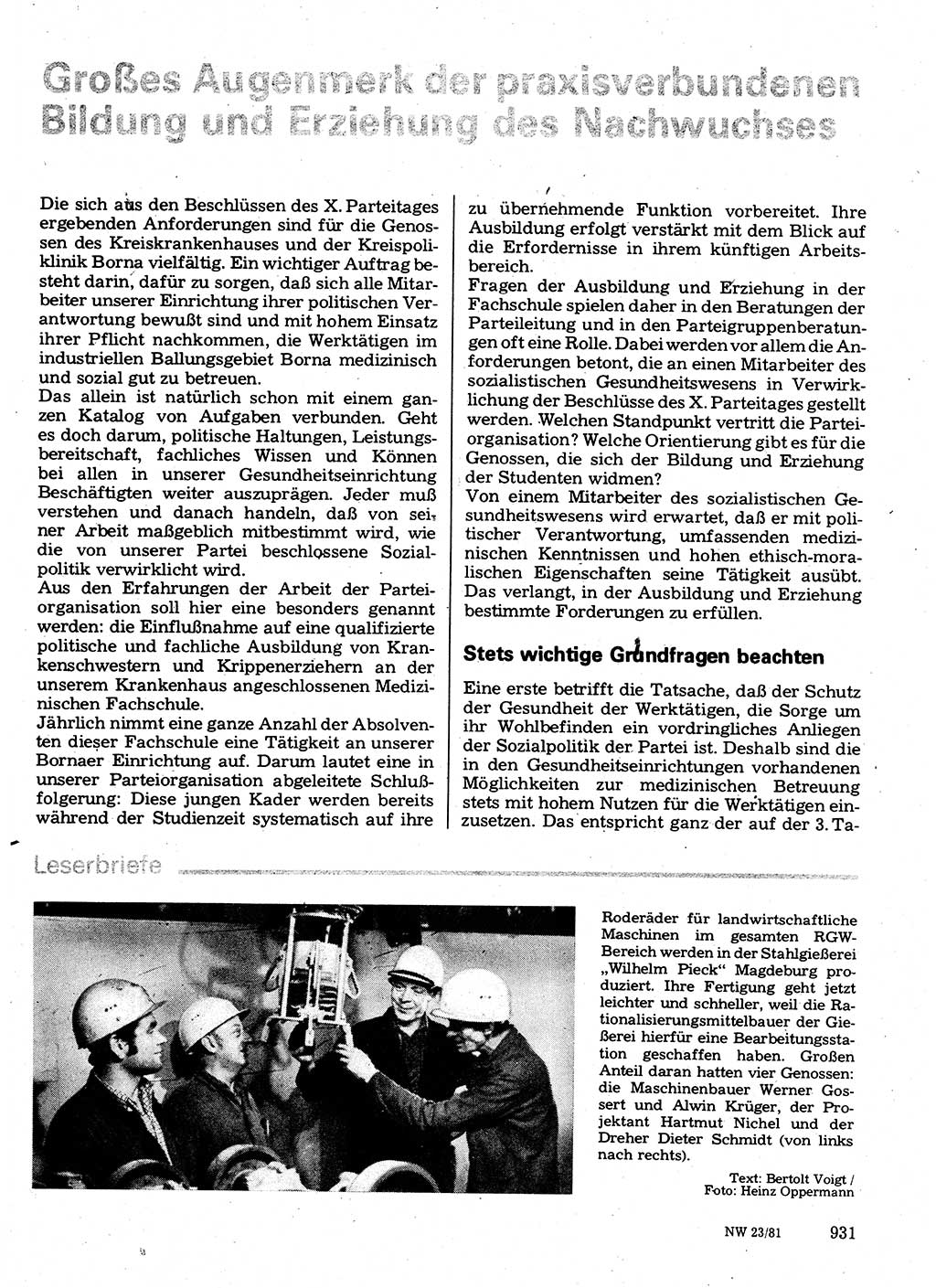 Neuer Weg (NW), Organ des Zentralkomitees (ZK) der SED (Sozialistische Einheitspartei Deutschlands) für Fragen des Parteilebens, 36. Jahrgang [Deutsche Demokratische Republik (DDR)] 1981, Seite 931 (NW ZK SED DDR 1981, S. 931)